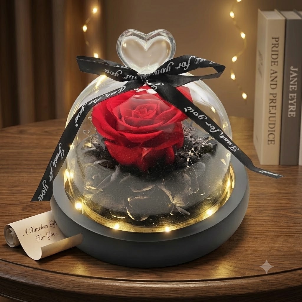 Real Preserved Red Rose Everlasting Eternal Flower w Light Valentine Gift Glass