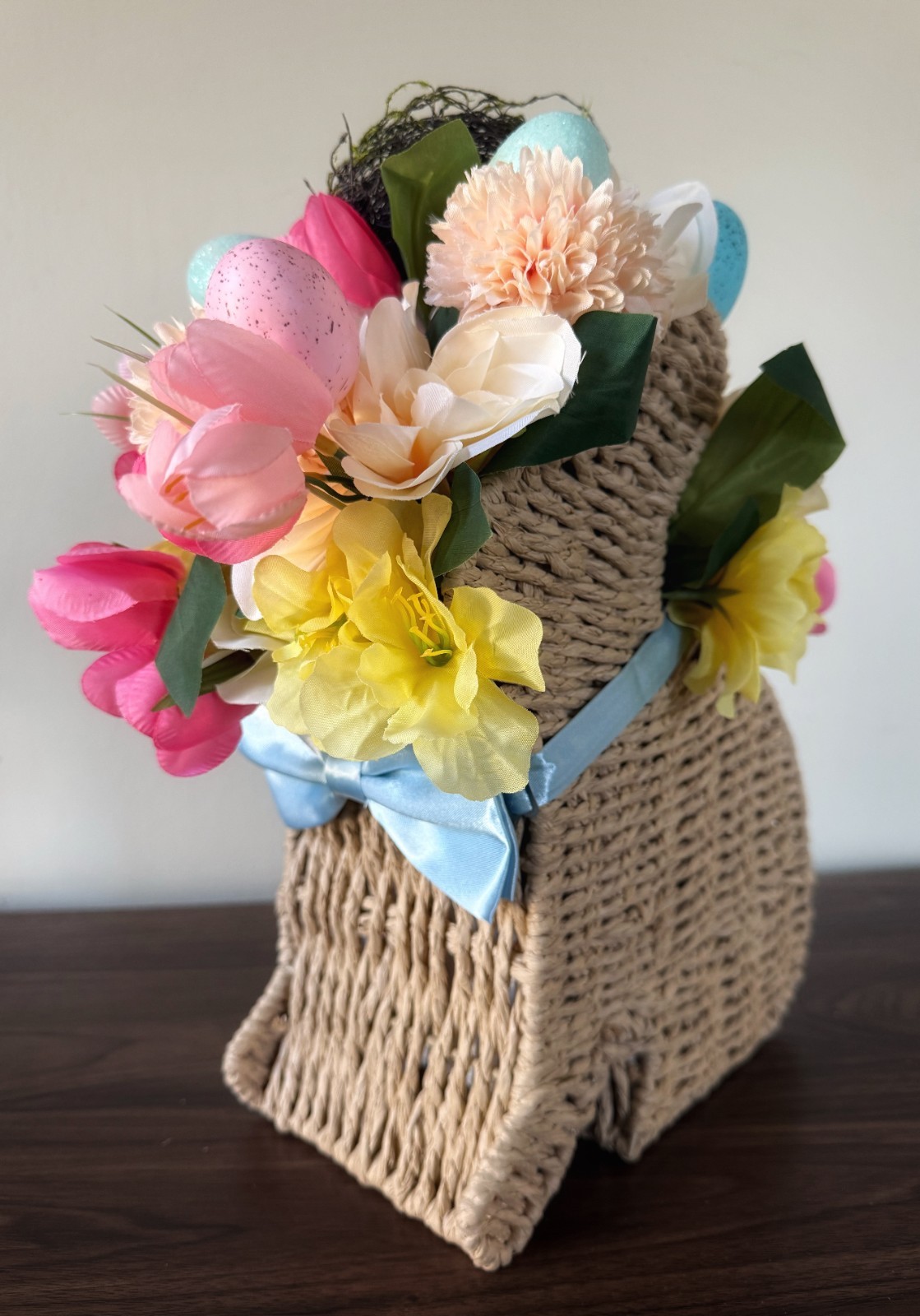 Rabbit Shaped Container With Yellow, Pink, & White Flowers Centerpiece