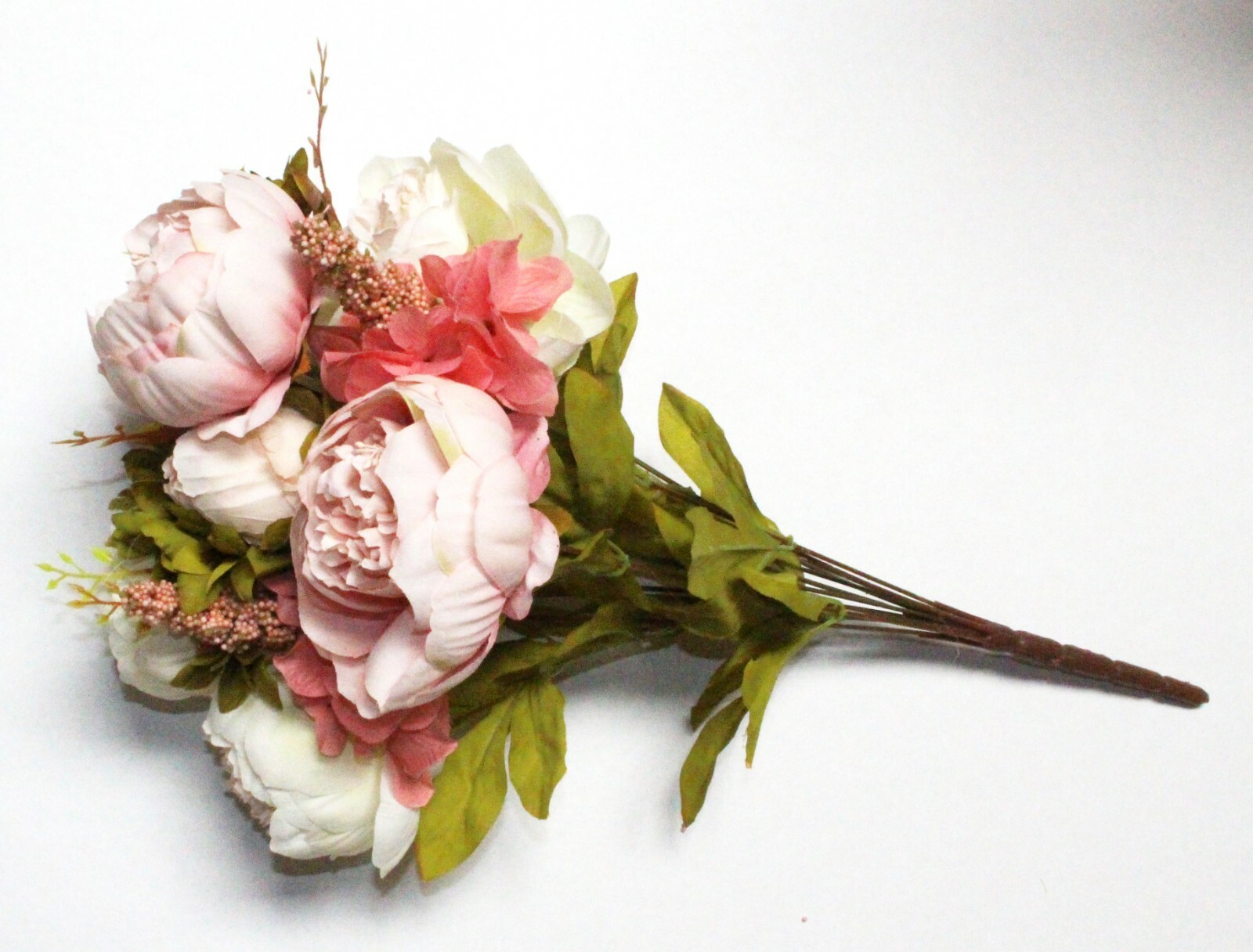 Cream Blush Color 8 Head Silk Rose Peony Open Bush Artificial Bouquet Wedding