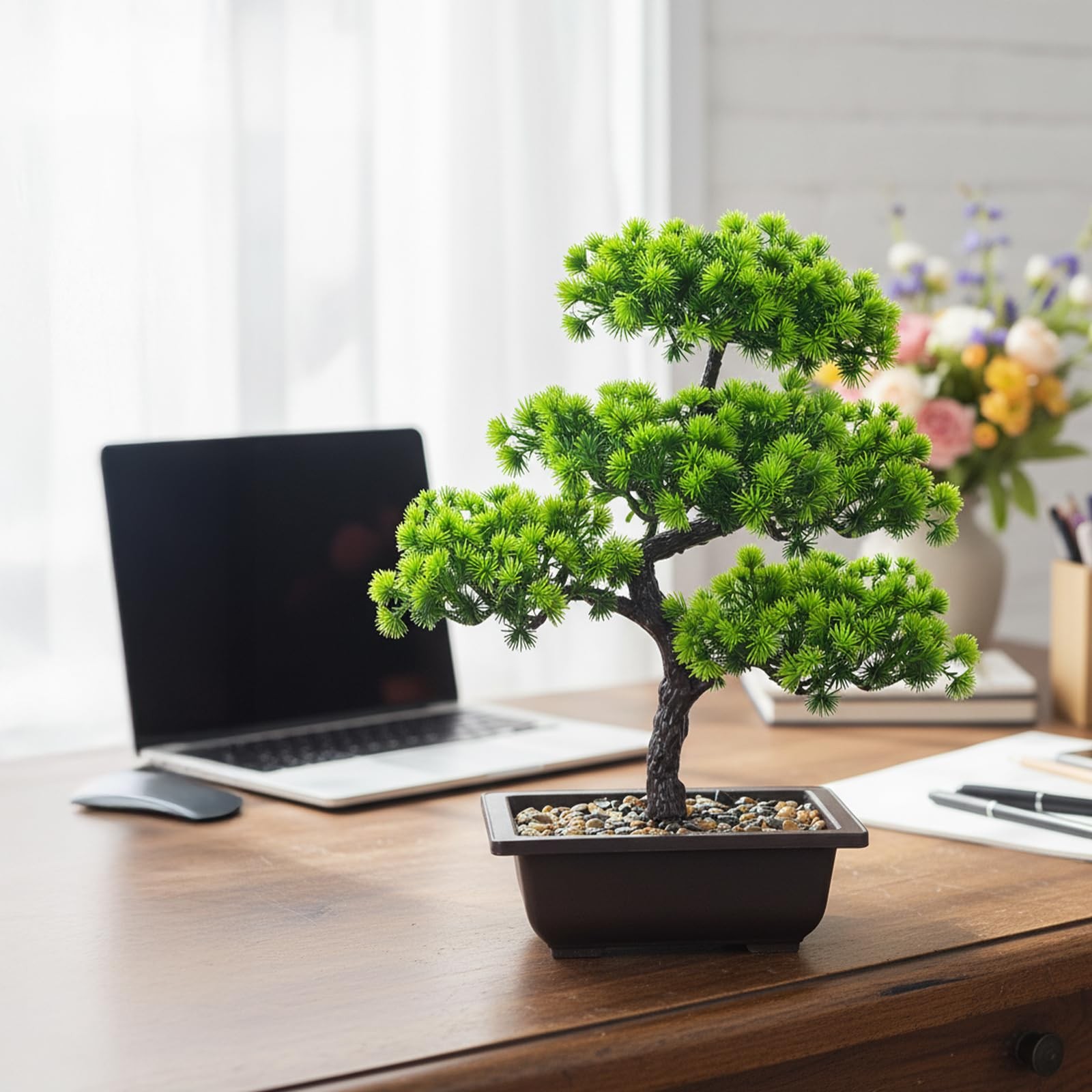 Artificial Bonsai Tree 15.8″ Faux Juniper Bonsai Tree in Pot Realistic Fake D…