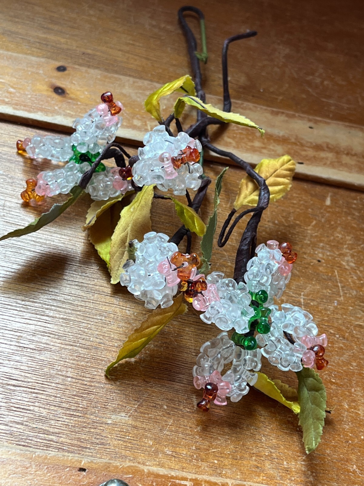 Hand Made Clear Pink & Orange Plastic Flowers w Green Silk Leaves –