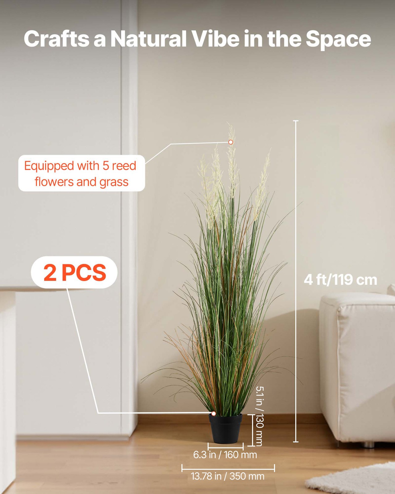 VEVOR Artificial Grass Plant 47 Inch Reed Flower Grass In Pot 2 Pack Green