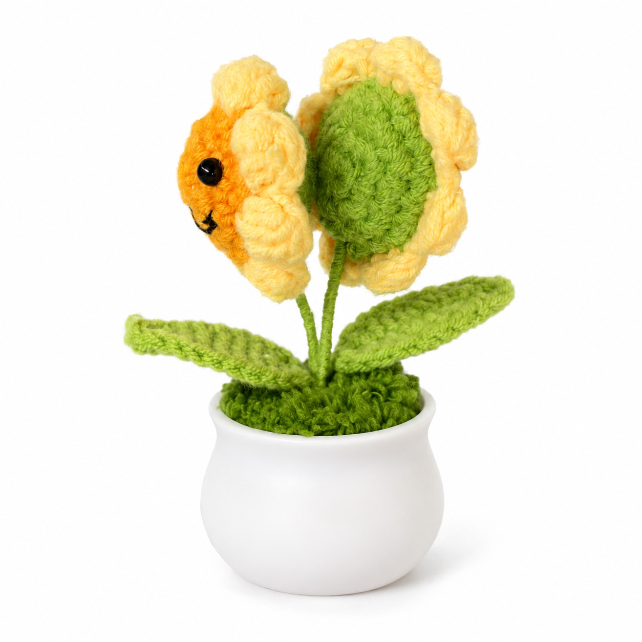 Twin Smiling Sunflower Crochet Mini Potted Desk Shelf Decor