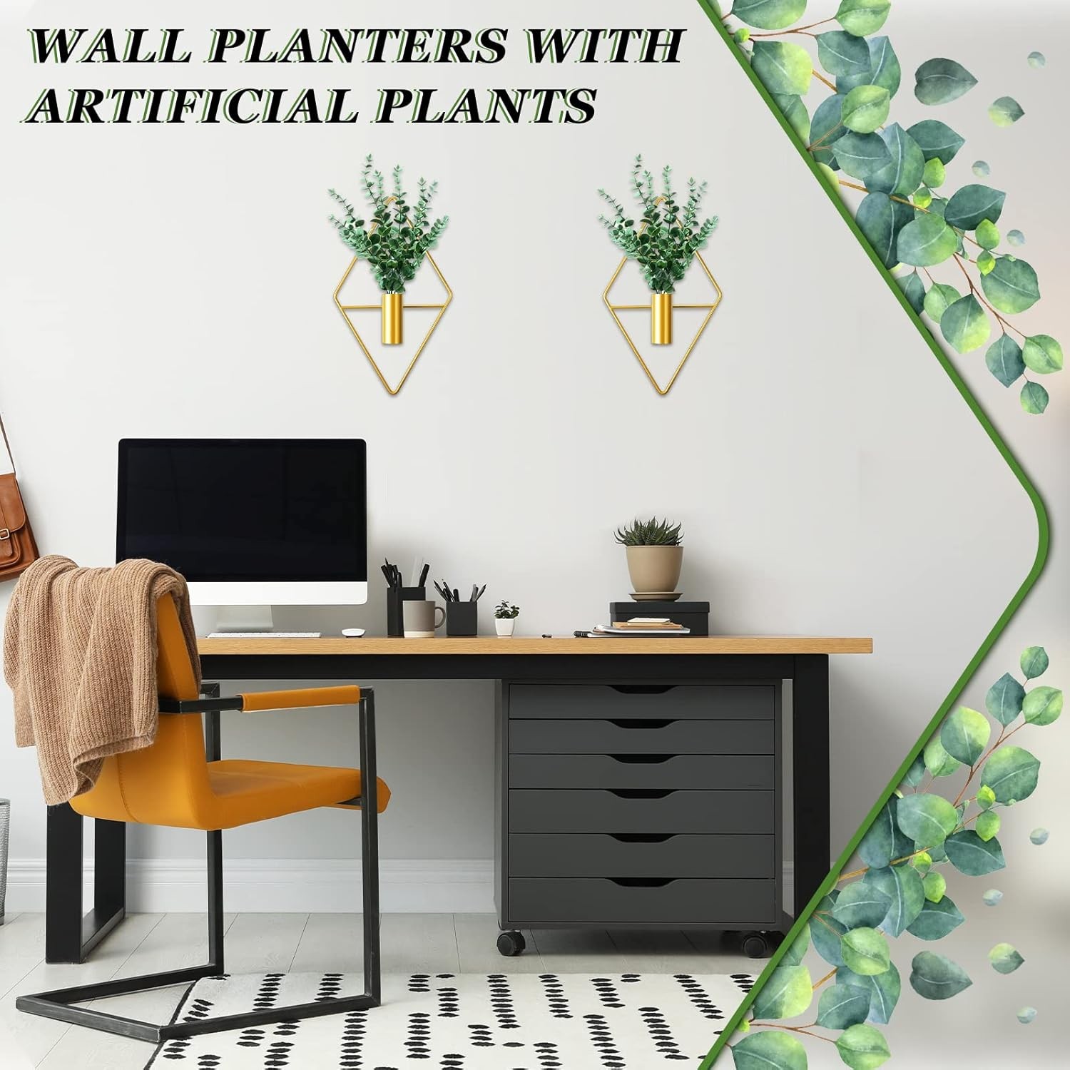 2 Pieces Gold Wall Decor Hanging Planters W/ Artificial Plants Metal Vase Indoor