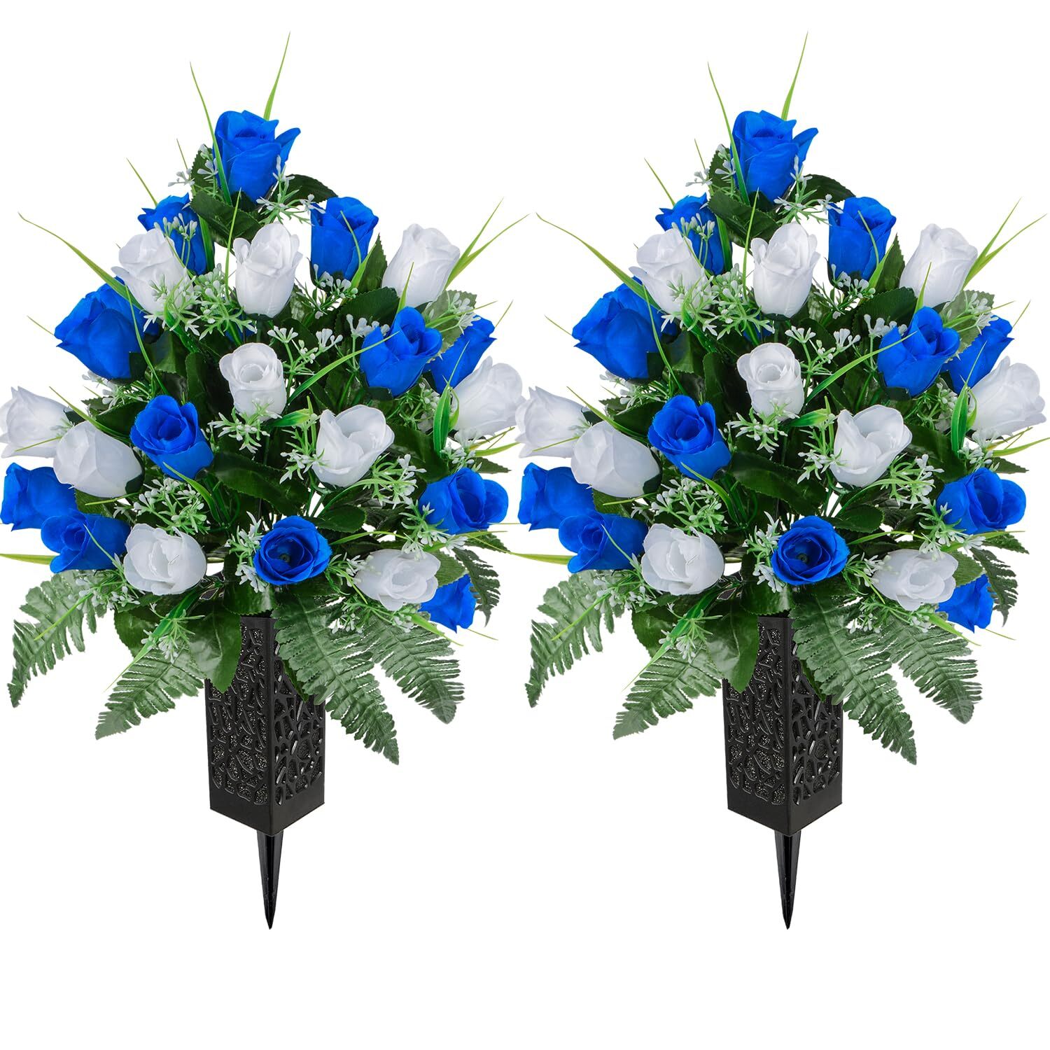 Artificial Cemetery Flowers Grave Memorial Flowers Set of 2 Dark Blue White