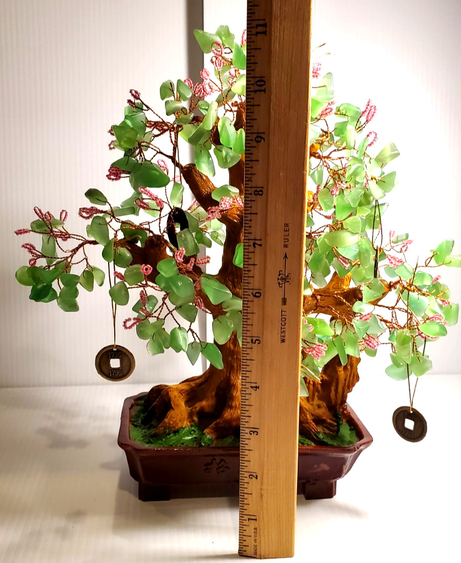 Vintage Bonsai Pink Flowers Green Glass Leaves Good Luck Money Coin Tree