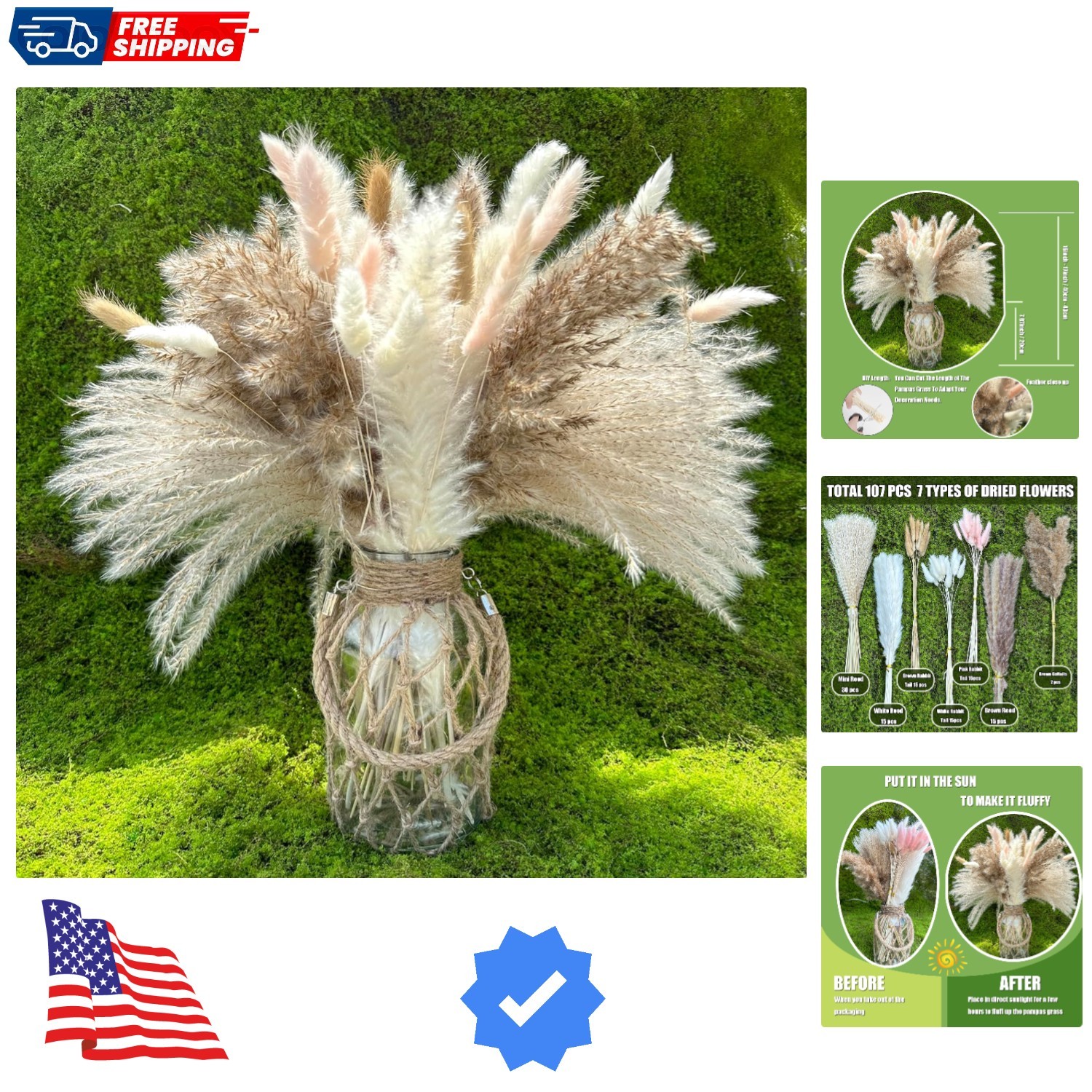 Dried Pampas Grass Decor 107 pcs Boho Home Decor 17 Inch Natural Dried Flower…