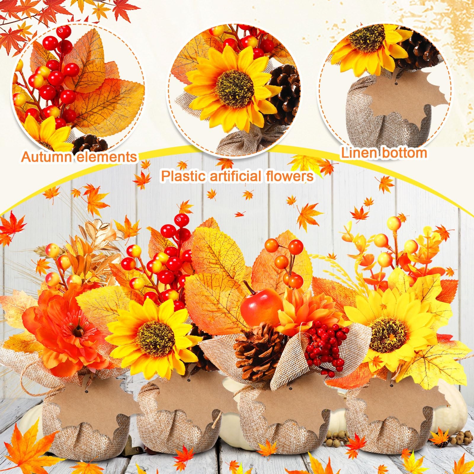 4 PCS Fake Fall Potted Plants Artificial Pumpkin Sunflower Maple Leaf
