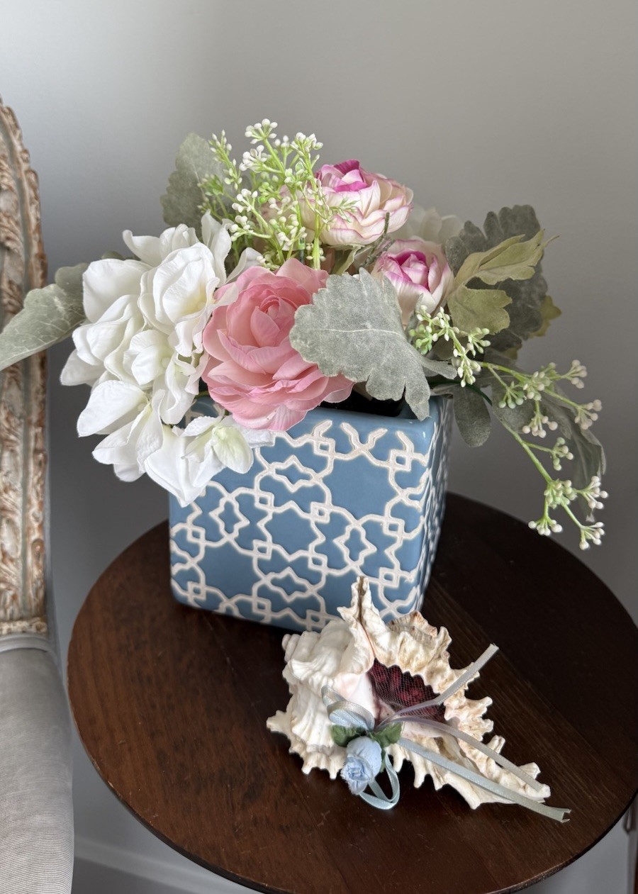 Artificial Floral Arrangement Pink White Flowers Blue Ceramic Vase 9” Tall Decor