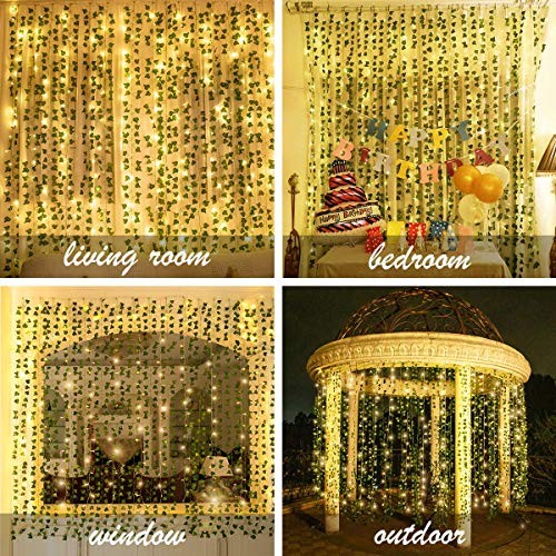 12 Pack Artificial Ivy Leaf Plants with 240 LED Window Curtain String Lights,