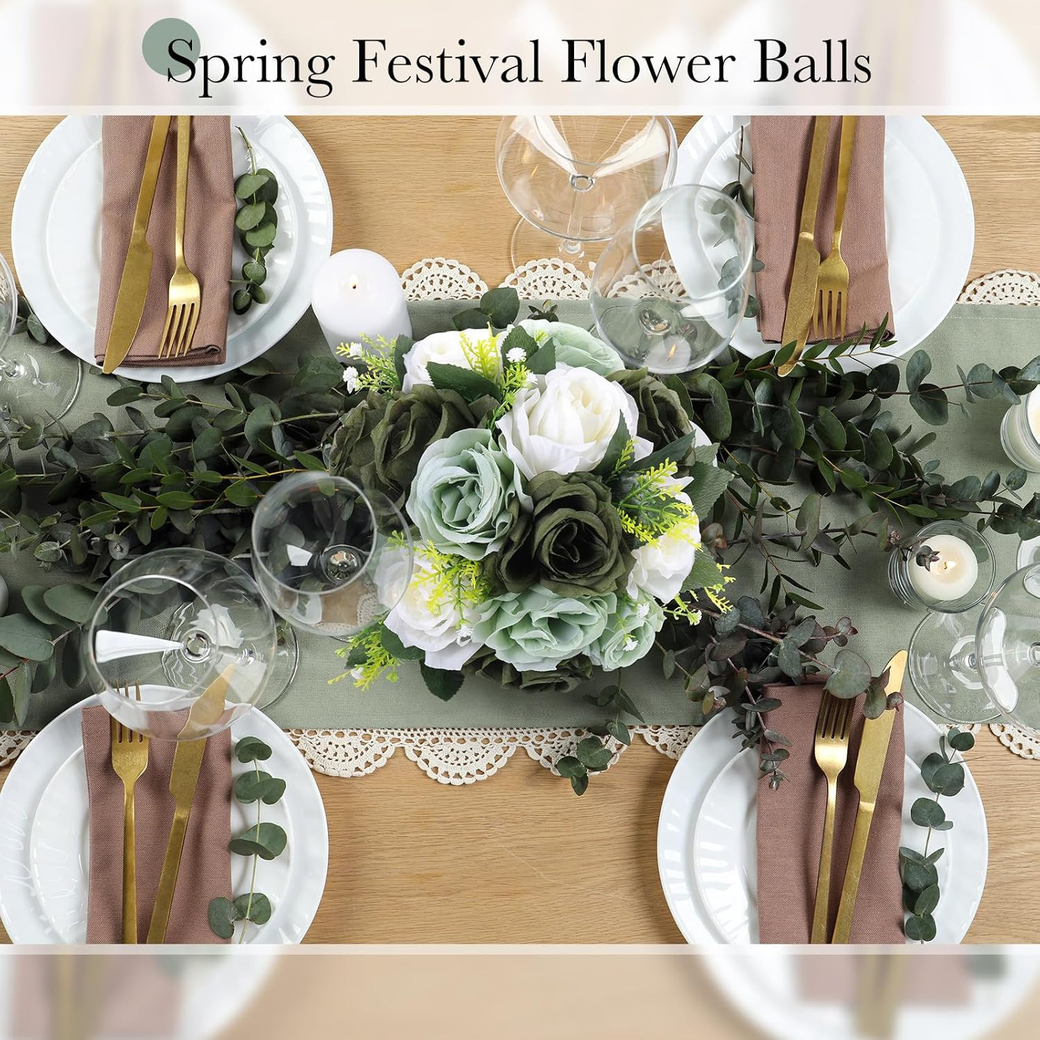 12 Pcs Forest Green Silk Flower Kissing Balls for Wedding Centerpieces