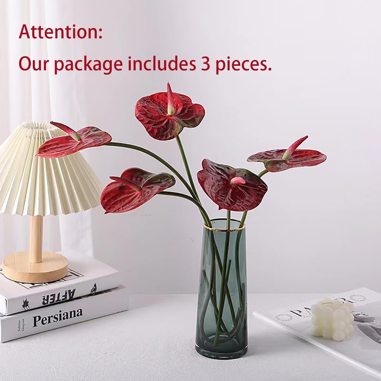 3 PCS Artificial Anthurium Lily Flowers 22″ Red Fake Tropical Bouquet Wedding