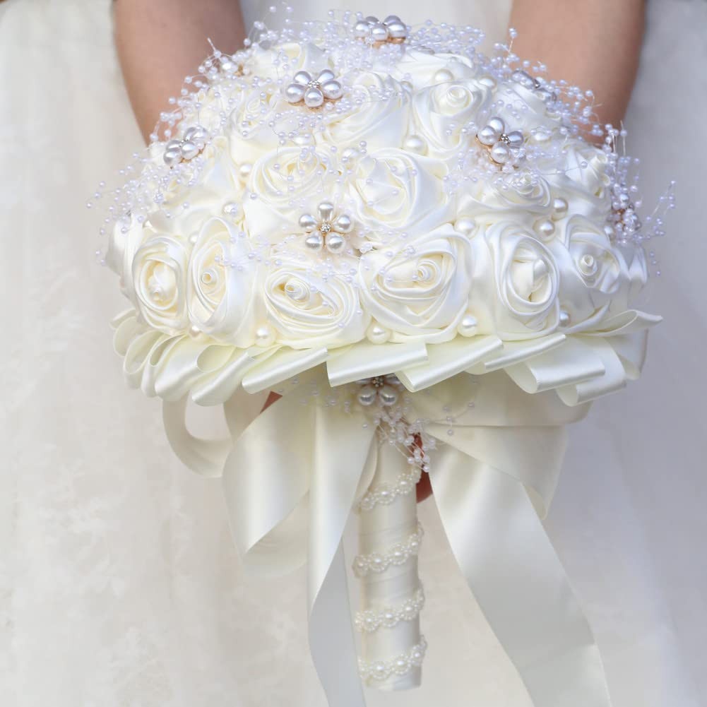 Ivory Bridal Wedding Bouquet Handmade with Rhinestone Pearl Ribbon Satin Rose…