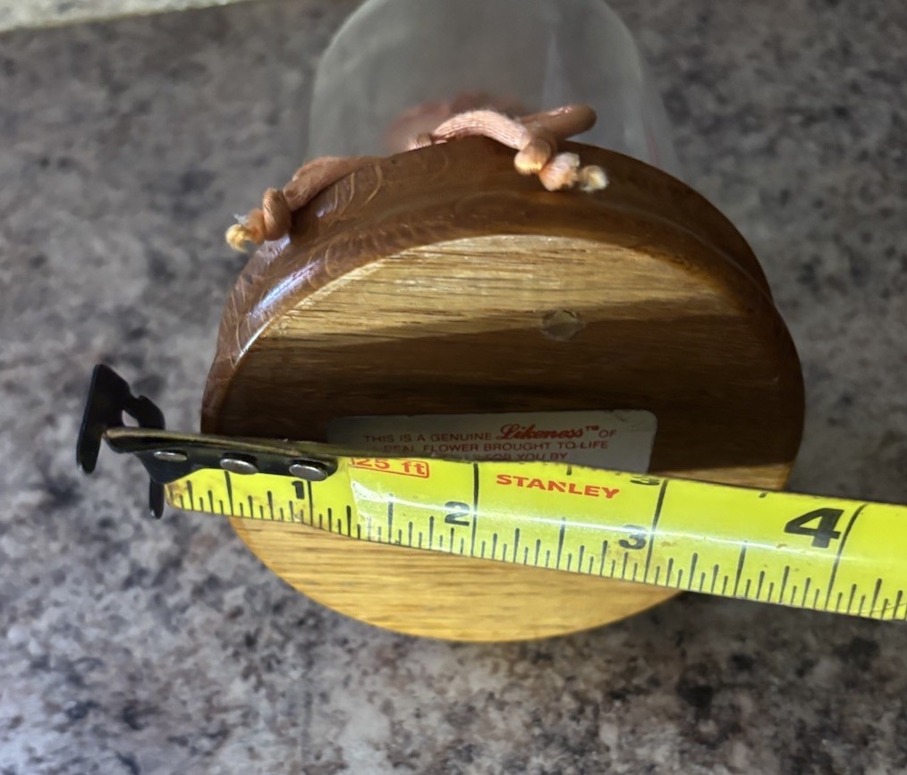 Vtg Globe Rose In Glass Dome Display With Wooden Base 5″ x 3.75″ x 3.75″