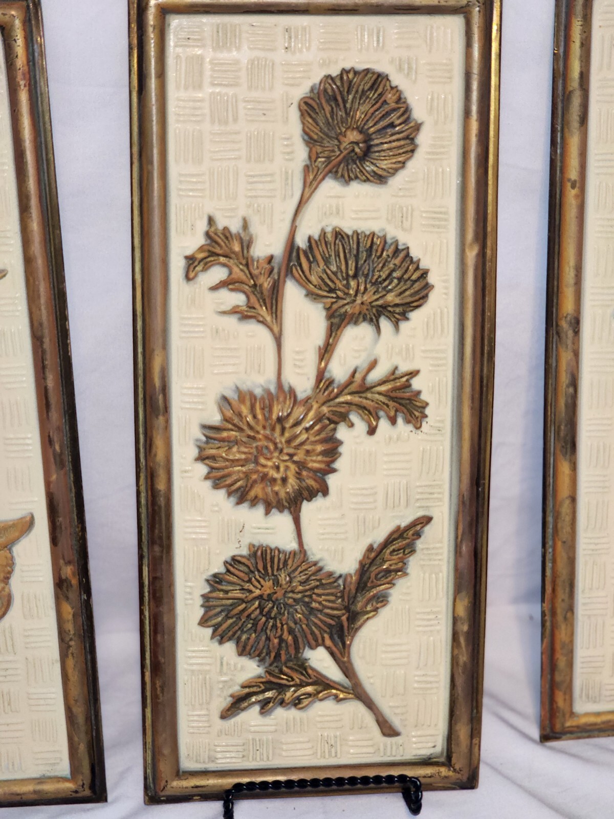 3 Vtg Metal Wall Plaques Brass & Yellow In Relief Floral Elpec England