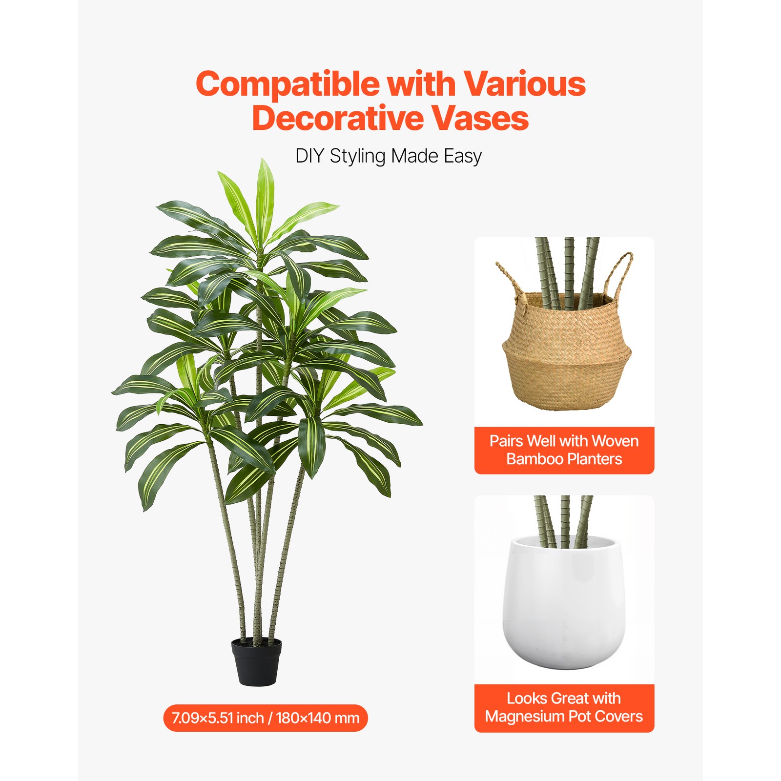 Uimoso 6ft Artificial Dracaena Tree in Pot Indoor Home Decor Faux Fake Plant