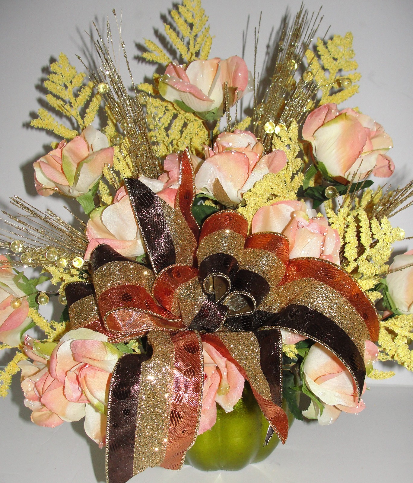 Chartreuse Pumpkin Autumn Arrangement Musk Melon Colors Peach Roses Yellow Gold