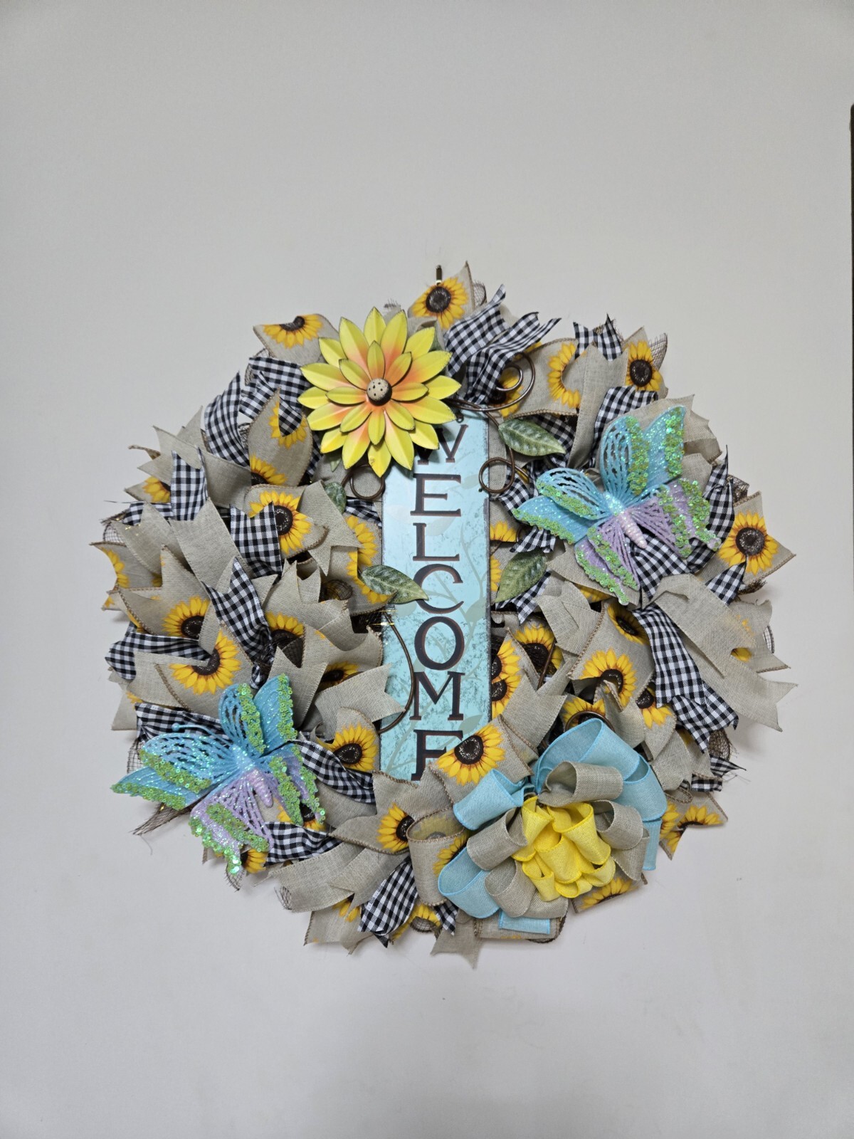 WELCOME Spring Summer Fall Front Door Wreath Wall Decor big Sunflower Butterfly