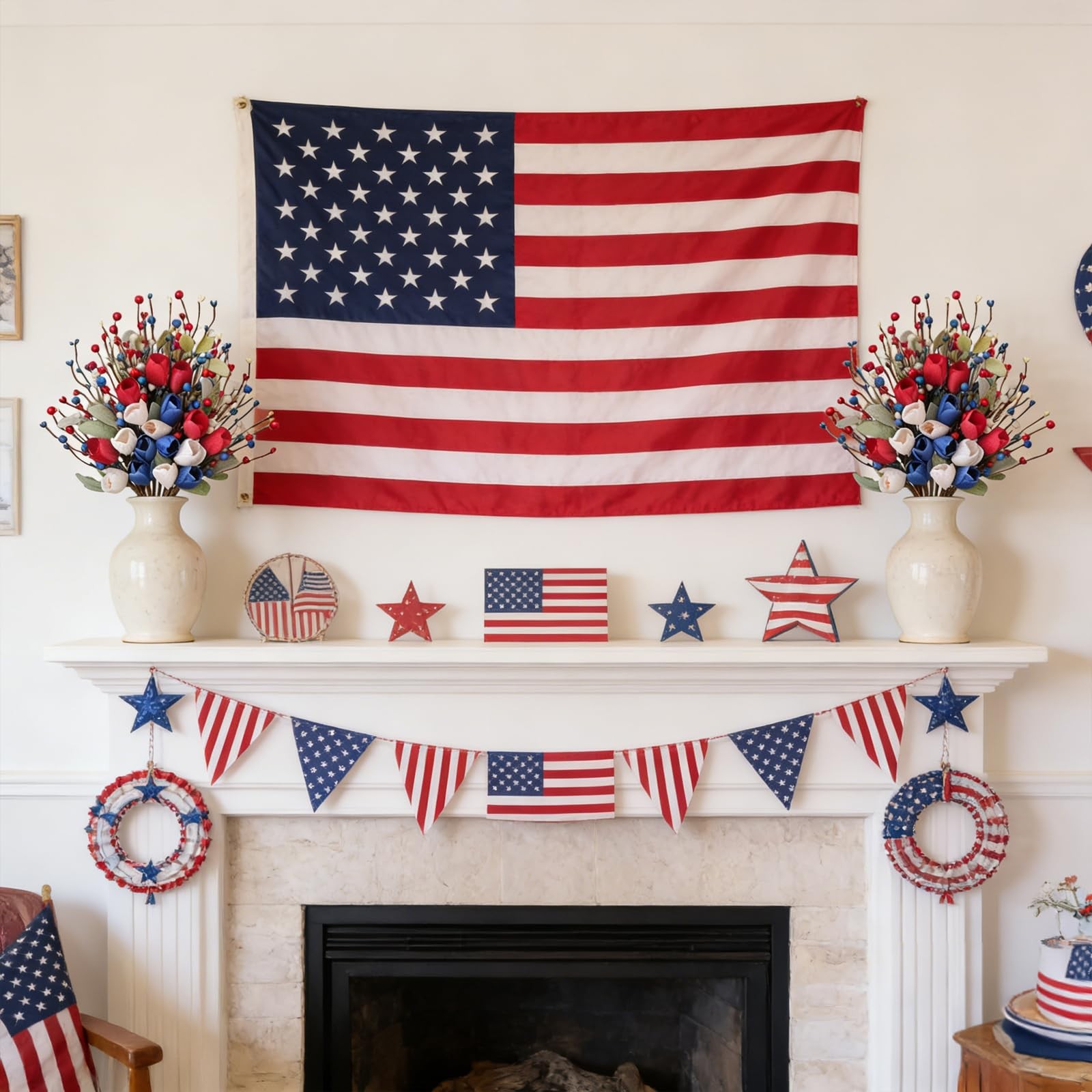 6 Pcs Patriotic Floral Stems with Sage Lamb’s Ear, Red White Blue Berries & T…