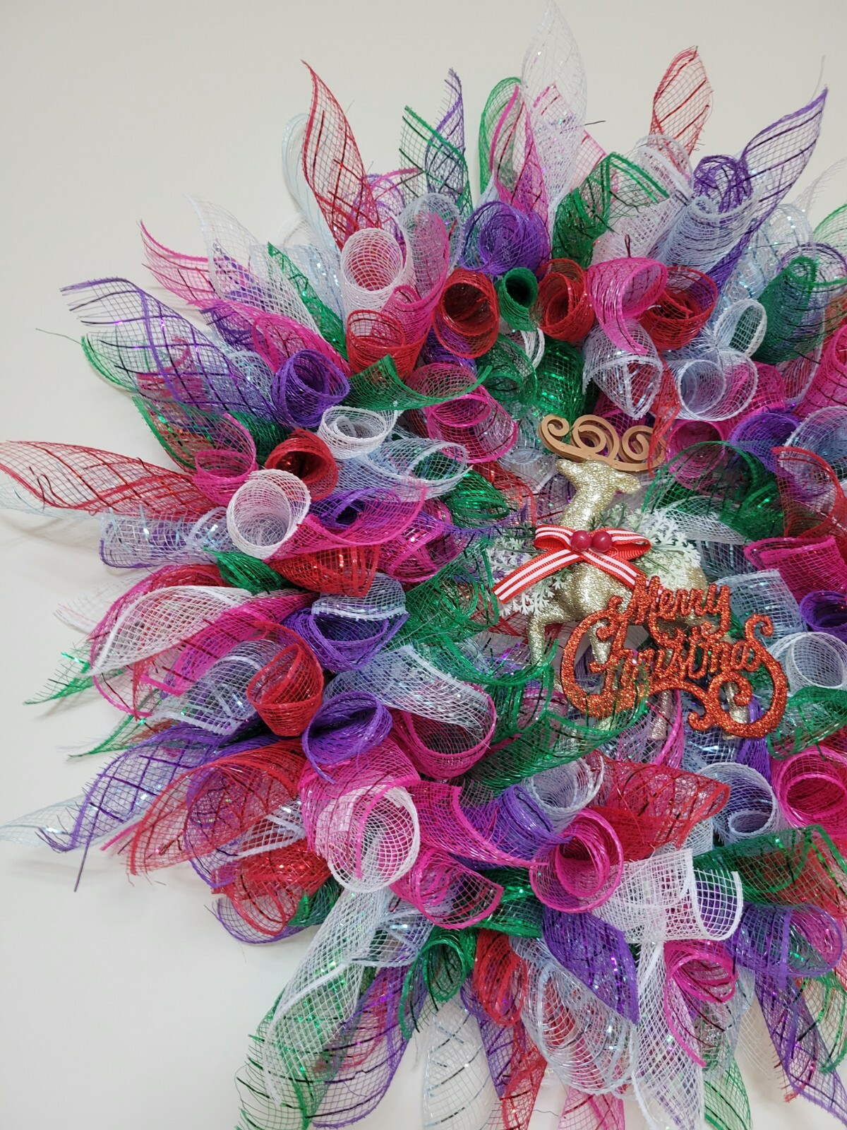 Merry Christmas Happy Holidays Mesh Front Door Wreath Wall Decoration deer color