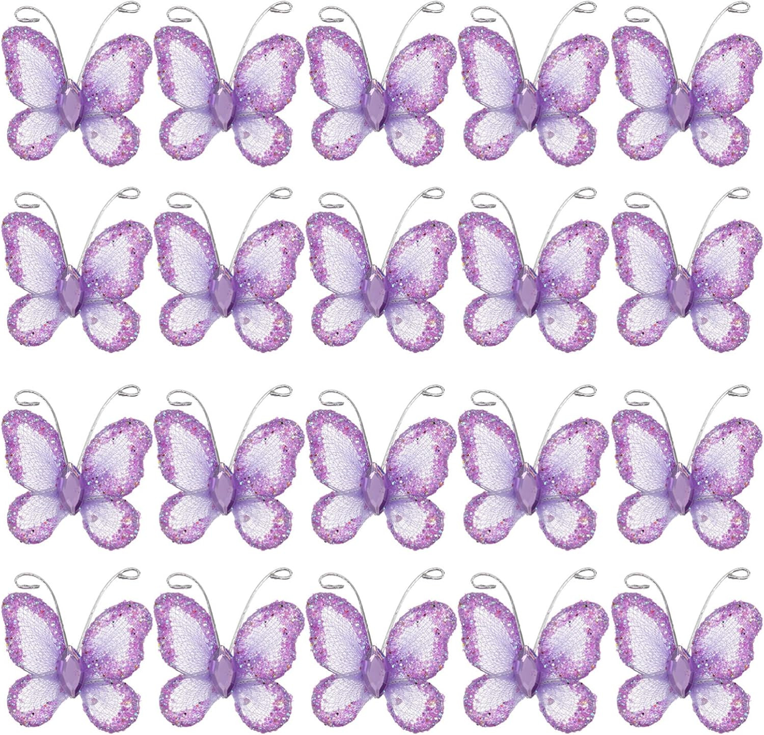 50Pcs Butterflies, DIY Craft Sheer Mesh Wire Glitter Butterfly with Gem for Wedd