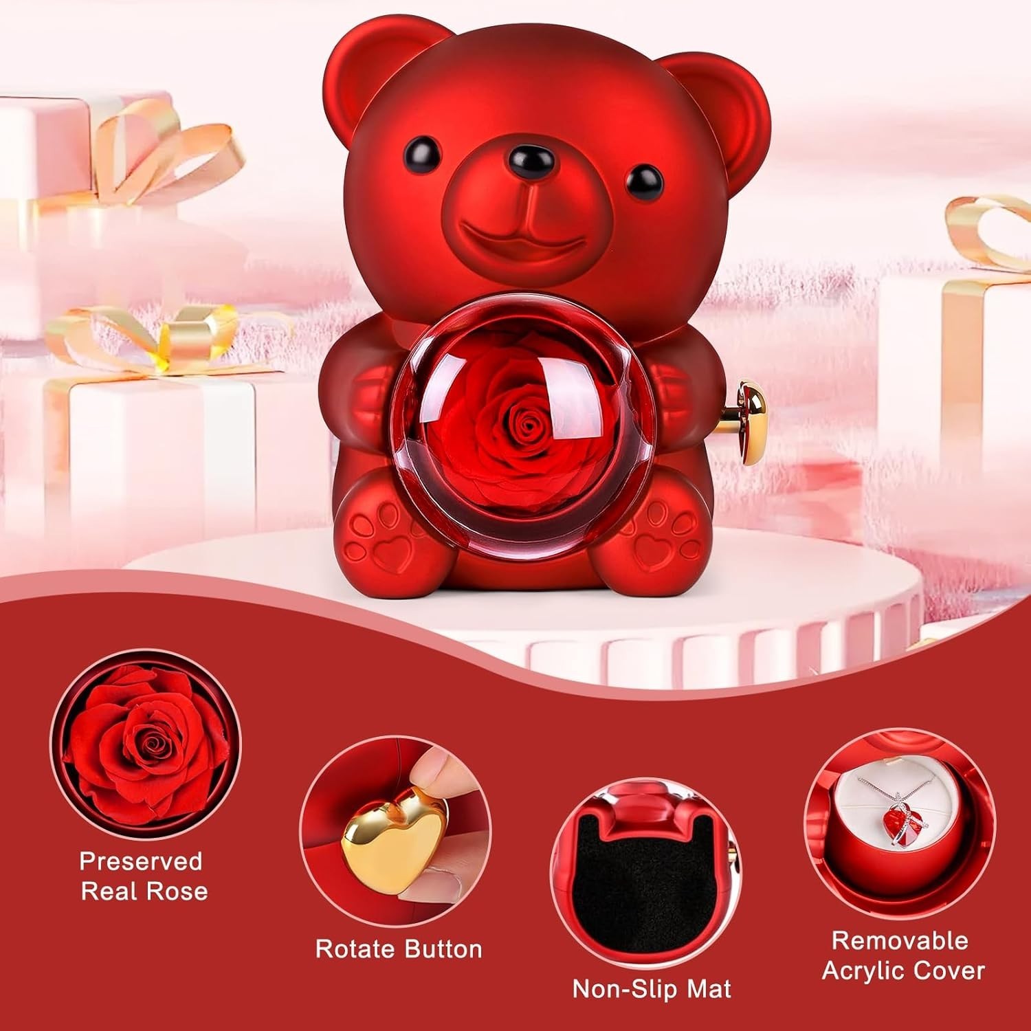 Teddy Bear with Preserved Rose,Eternal Flowers Rotating Rose Box with Necklace R