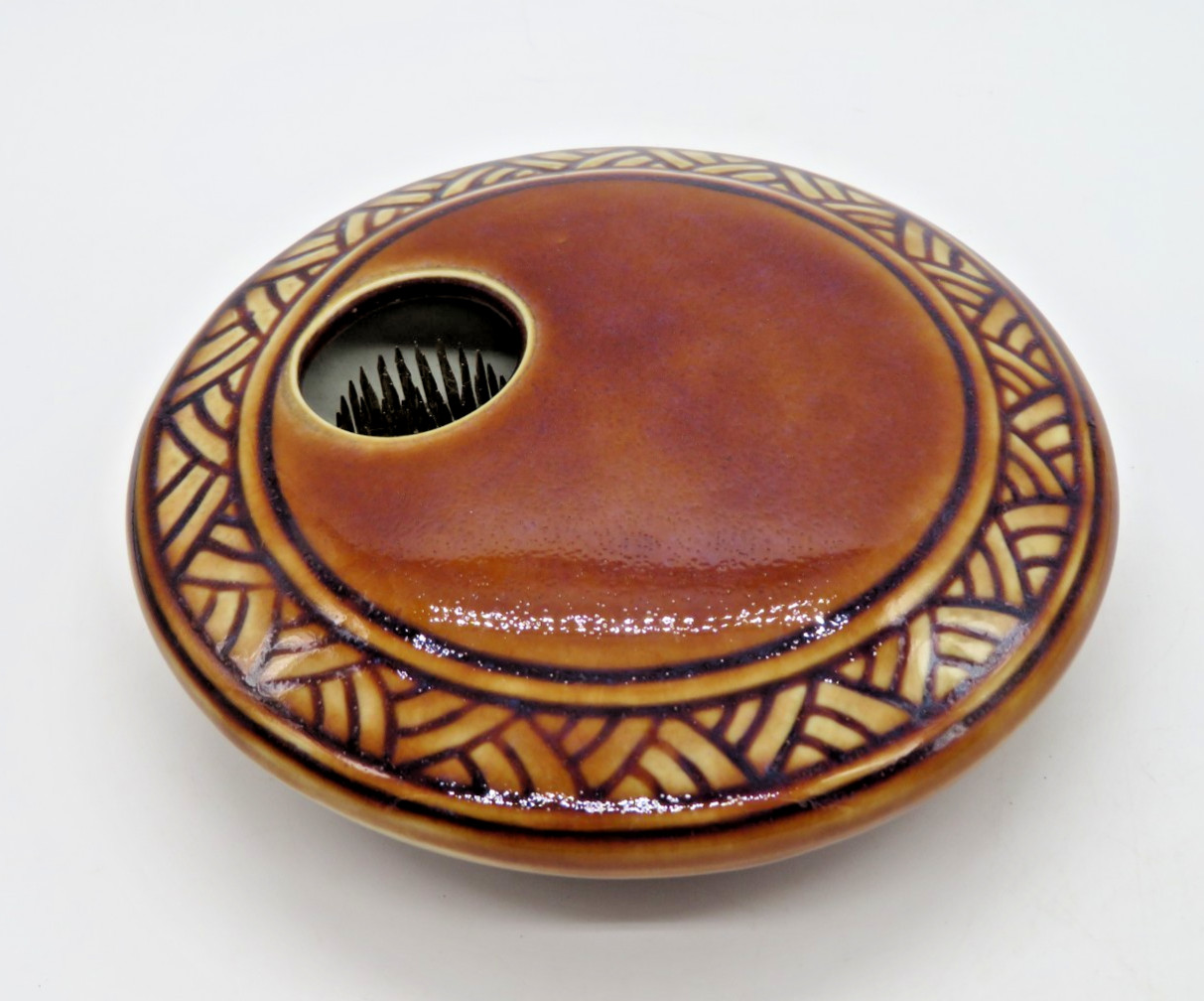Vintage Ceramic Round Ikebana Flower Vase with Frog Brown Glaze Carved pattern