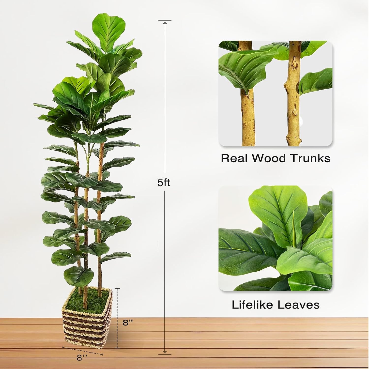 Artificial Fiddle Leaf Fig Tree Indoor with Woven Basket – 5ft Tall Fake Tree