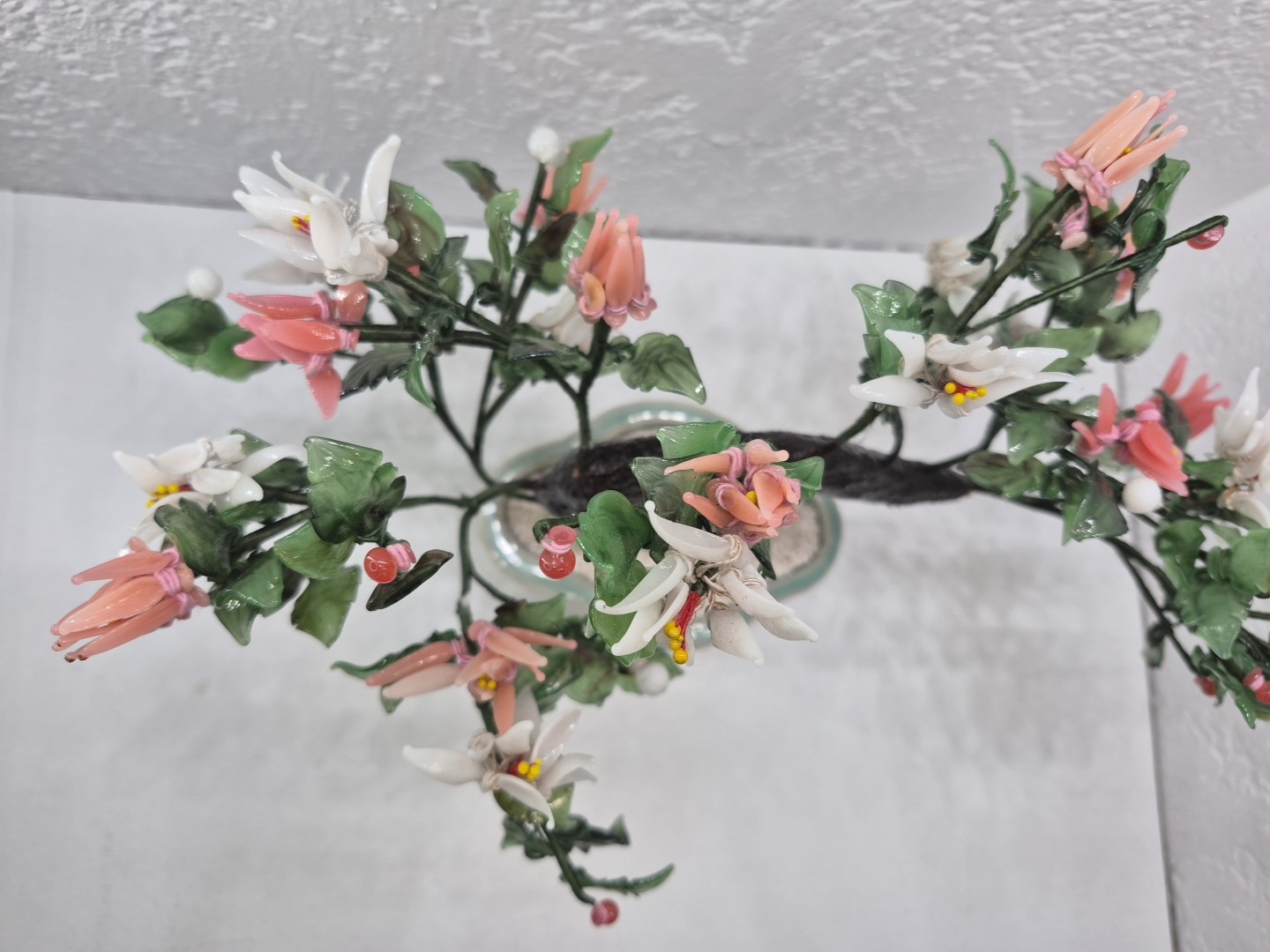 Vintage Chinese Glass Stone Jade Cherry Blossom Bonsai Tree Pink & White Flowers