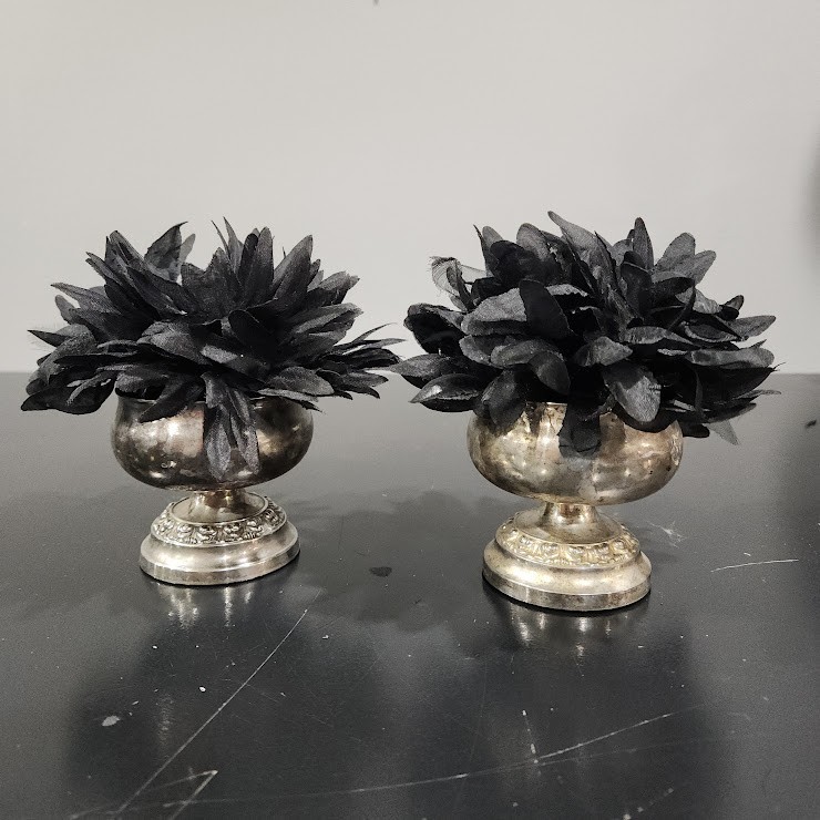 2 Old Silverplated footed bowls GOTHIC BLACK faux Floral arrangements DECOR 5″