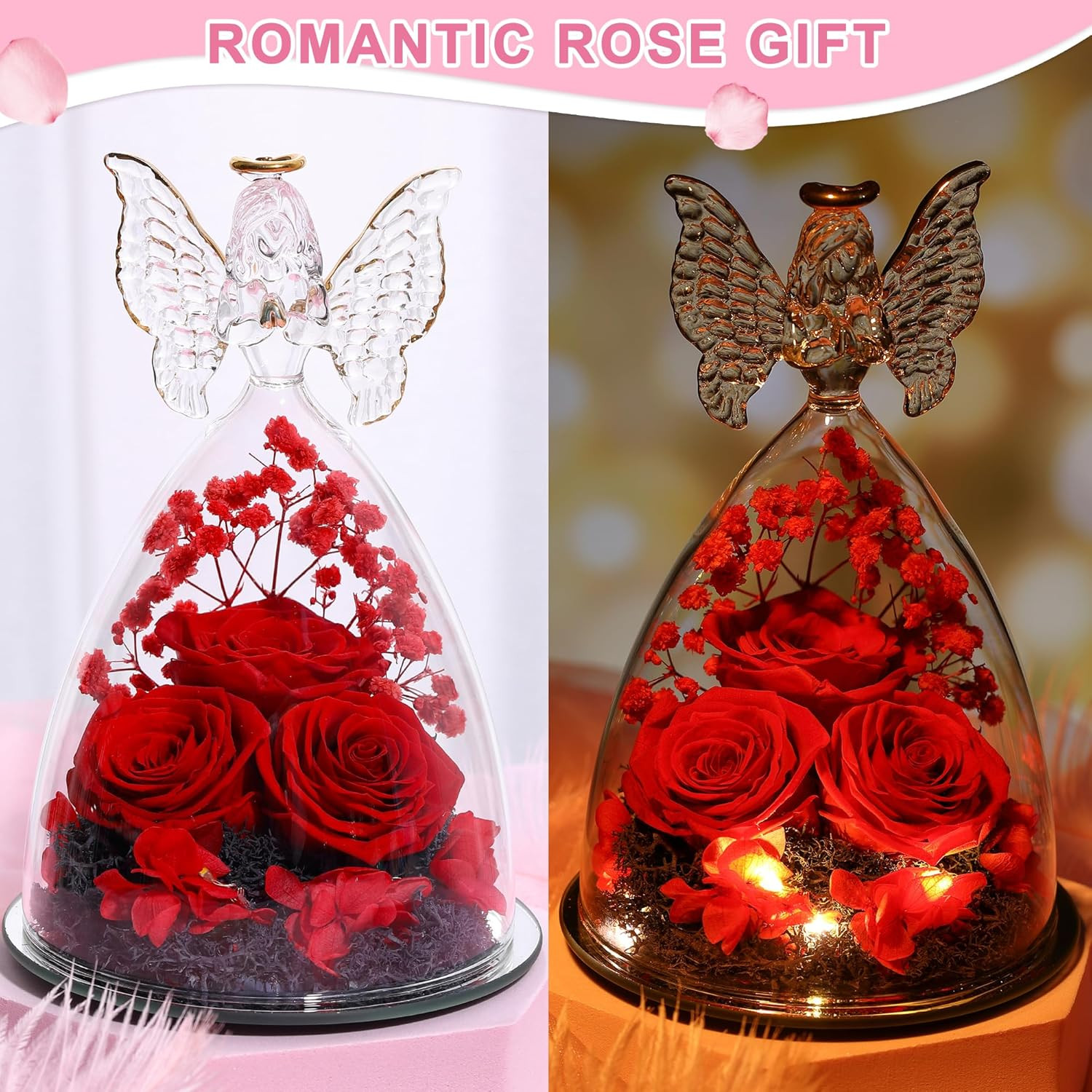 Mothers Day Rose Gifts for Women Preserved Real Flower in Glass Angel Figurines