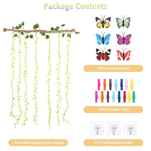 Wall Hanging Photo Display with Artificial Leaves Vines, Macrame Photo