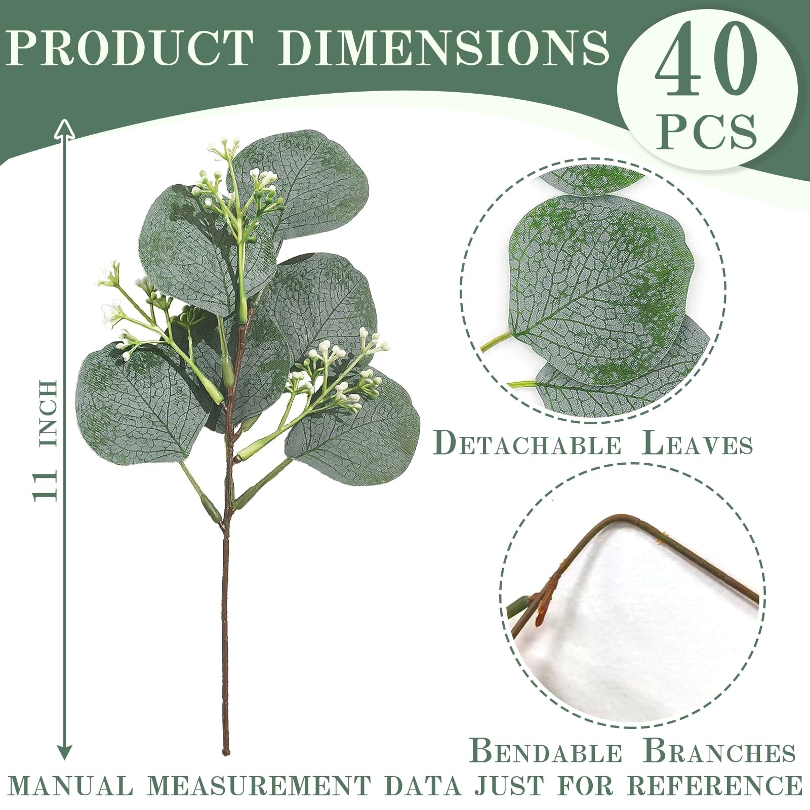 40 Pcs Faux Eucalyptus Leaves Stems Bulk Silver Dollar White Artificial Green…