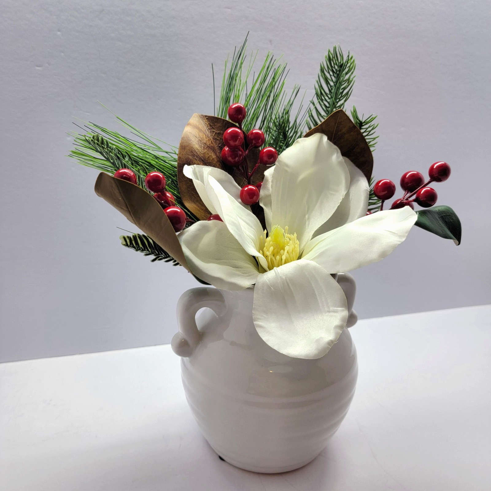 Farmhouse Magnolia Pine Berry Faux Floral Arrangement White Ceramic Vase Decor