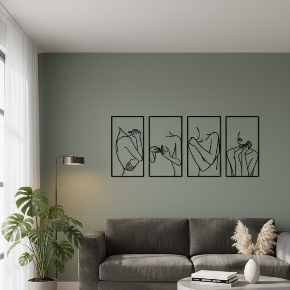 4Pcs Minimalist Black Line Woman Metal Wall Art Waterproof Rustproof Home Decor