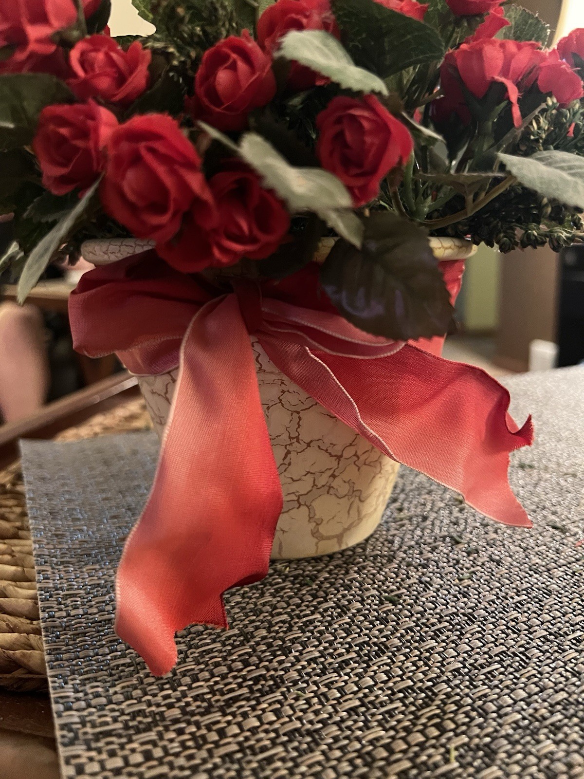 Red Rose Floral Arrangement in Crackle Pot Faux Silk Flowers Valentine Decor