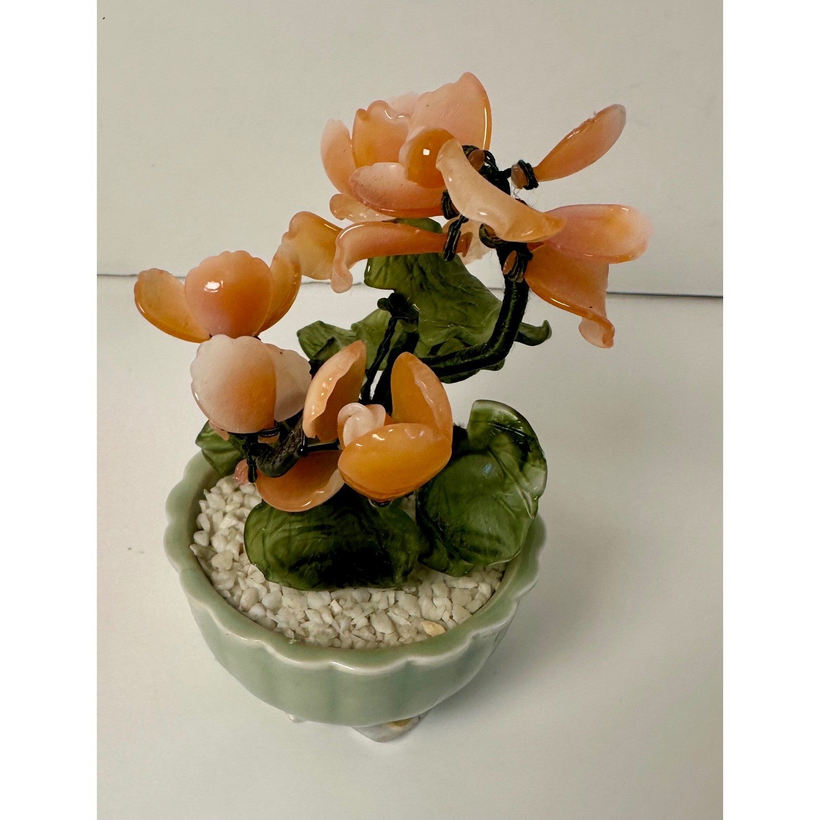 Vintage Peking Glass Bonsai Tree Orange Flowers Green Leaves Celadon Pot Decor