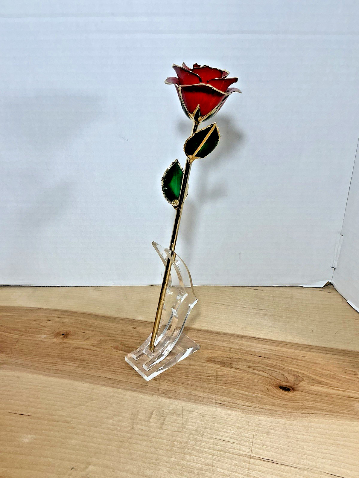 24K Gold Trim Red Rose Dipped Rose in Gift Box w/ Display Stand Valentine’s Gift