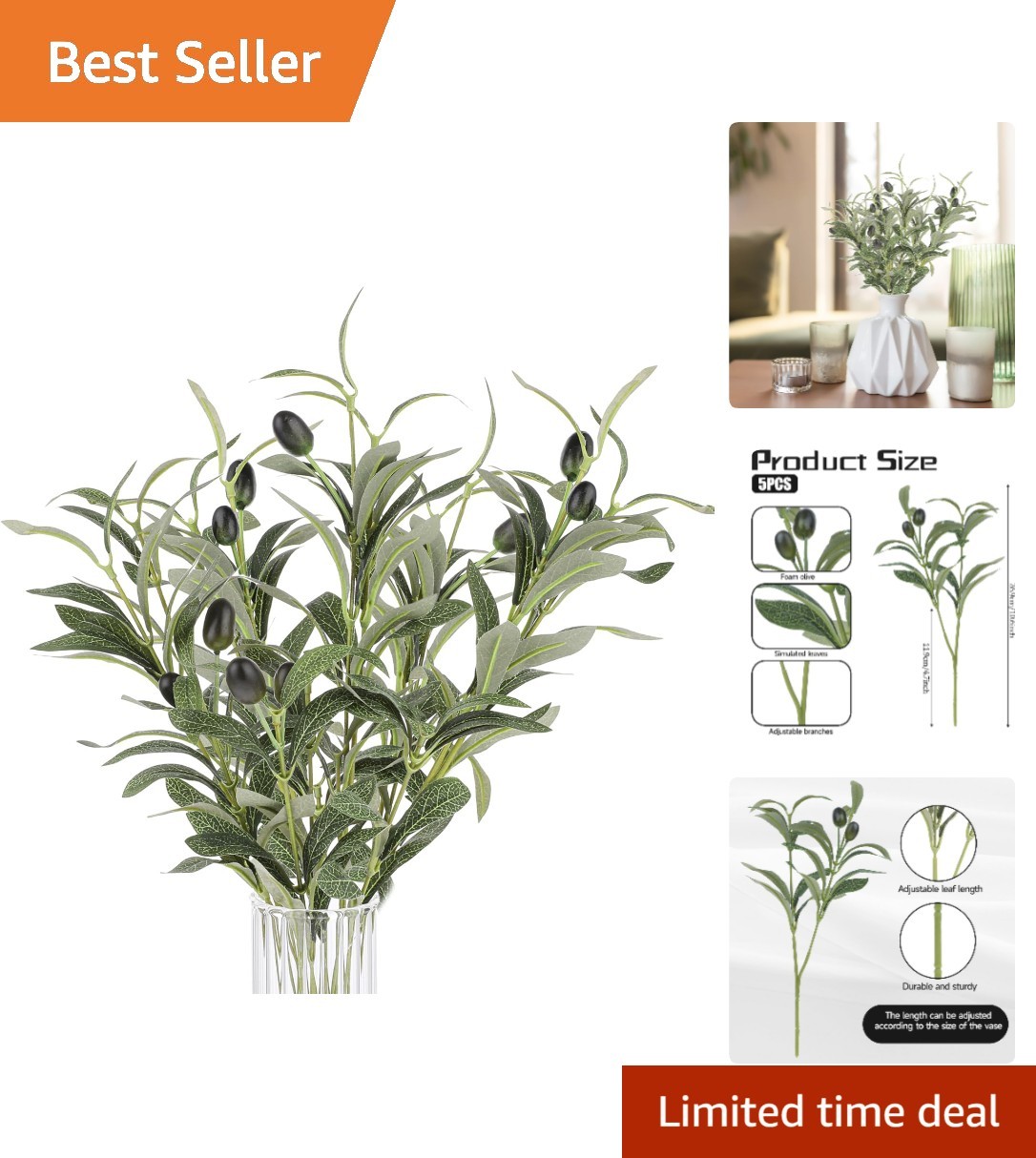 Versatile 5-Pack 11.8-Inch Faux Olive Leaves for Weddings and Home Centerpieces