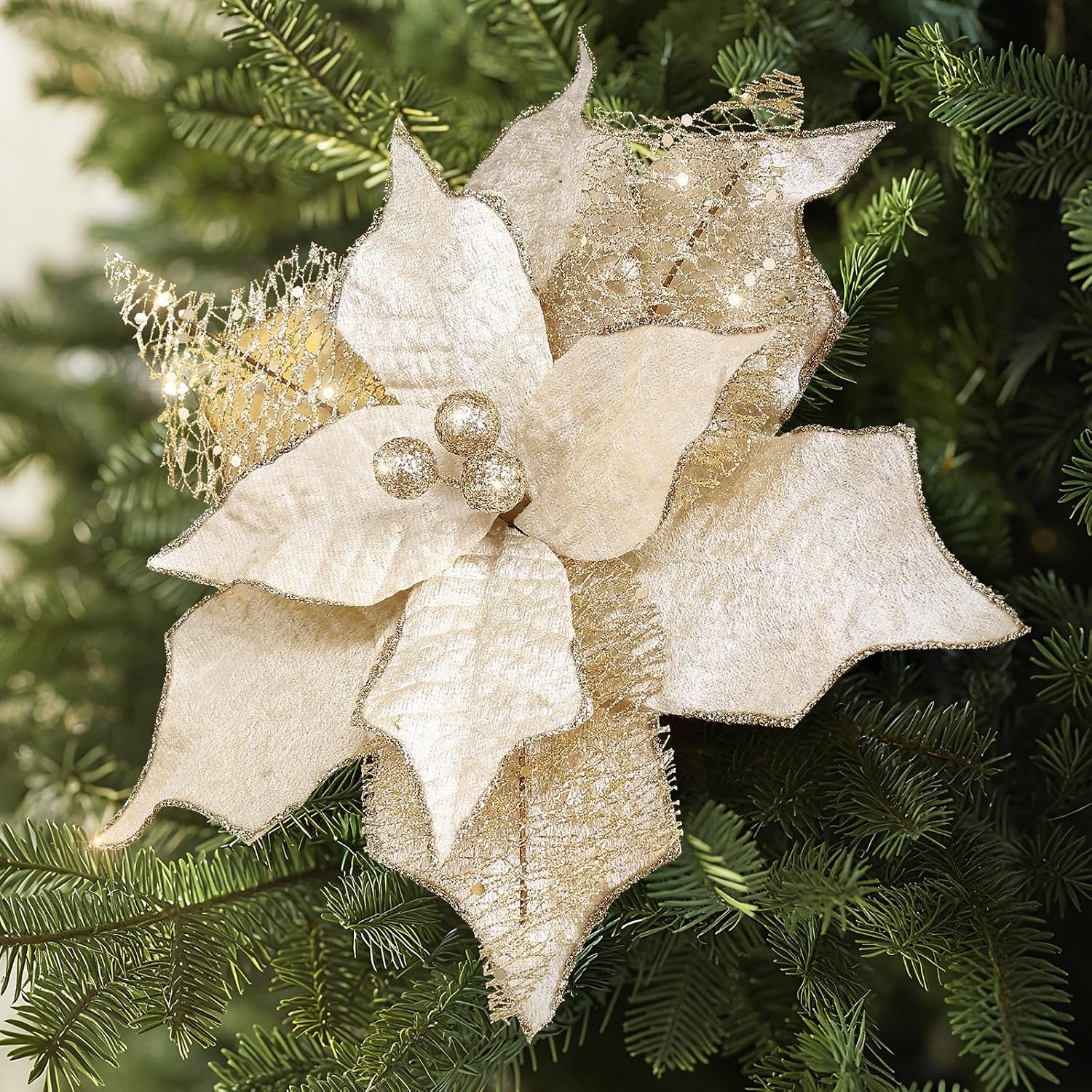 Alupssuc 10 PCS Poinsettia Christmas Flowers Artificial, Large Size 9 Inch Glitt