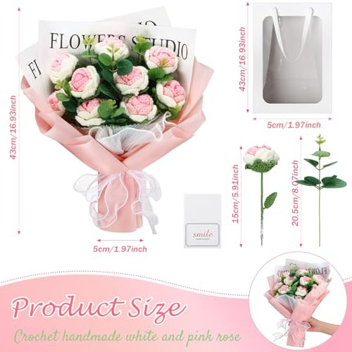 Valentine‘s Day LED Crochet Flowers Bouquet Light up Gradient White and Pink