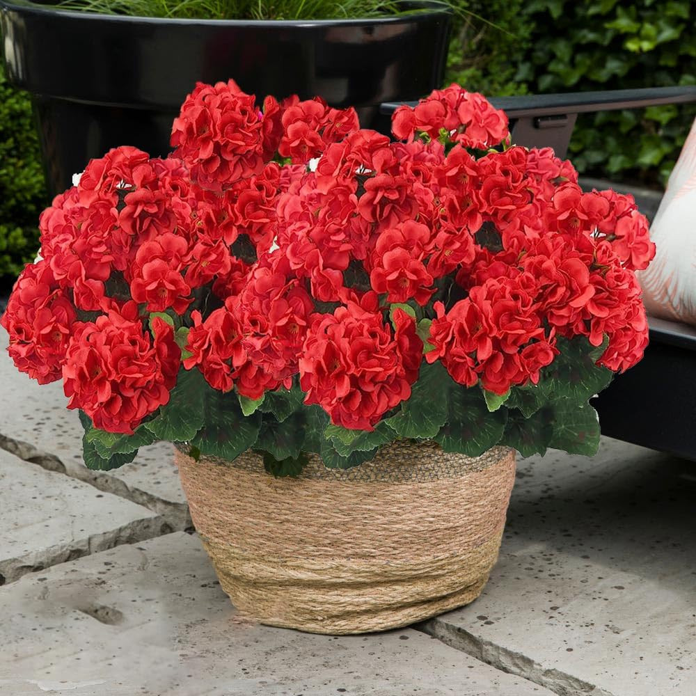 4PCS Artificial Red Geranium Silk Flowers Outdoor Plant Bush Faux Flowers