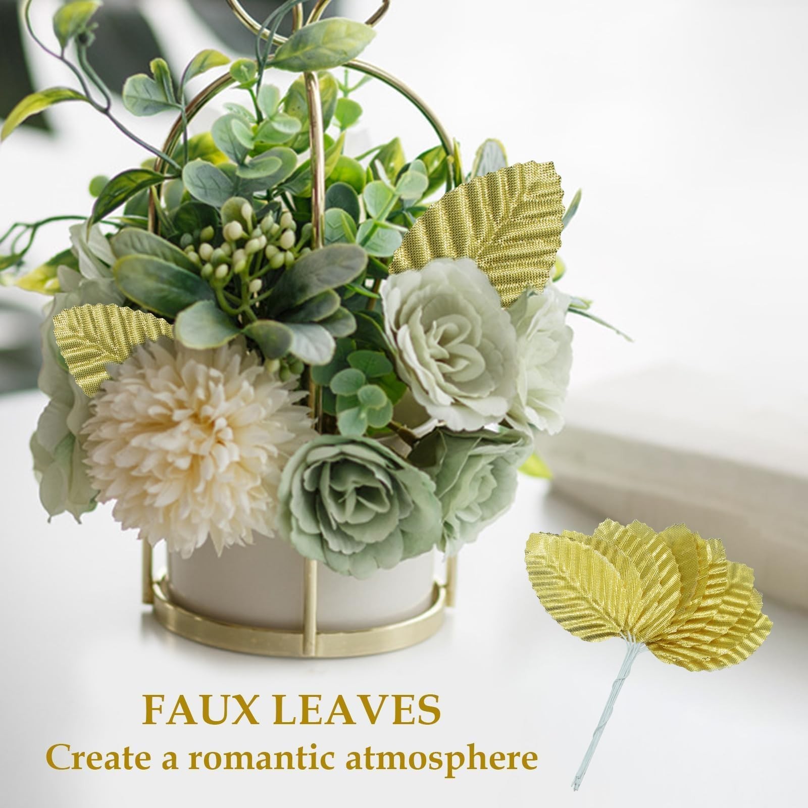50 PCS Artificial Silk Leaf Fabric Floral Fake Wire Craft Faux Plant Gold