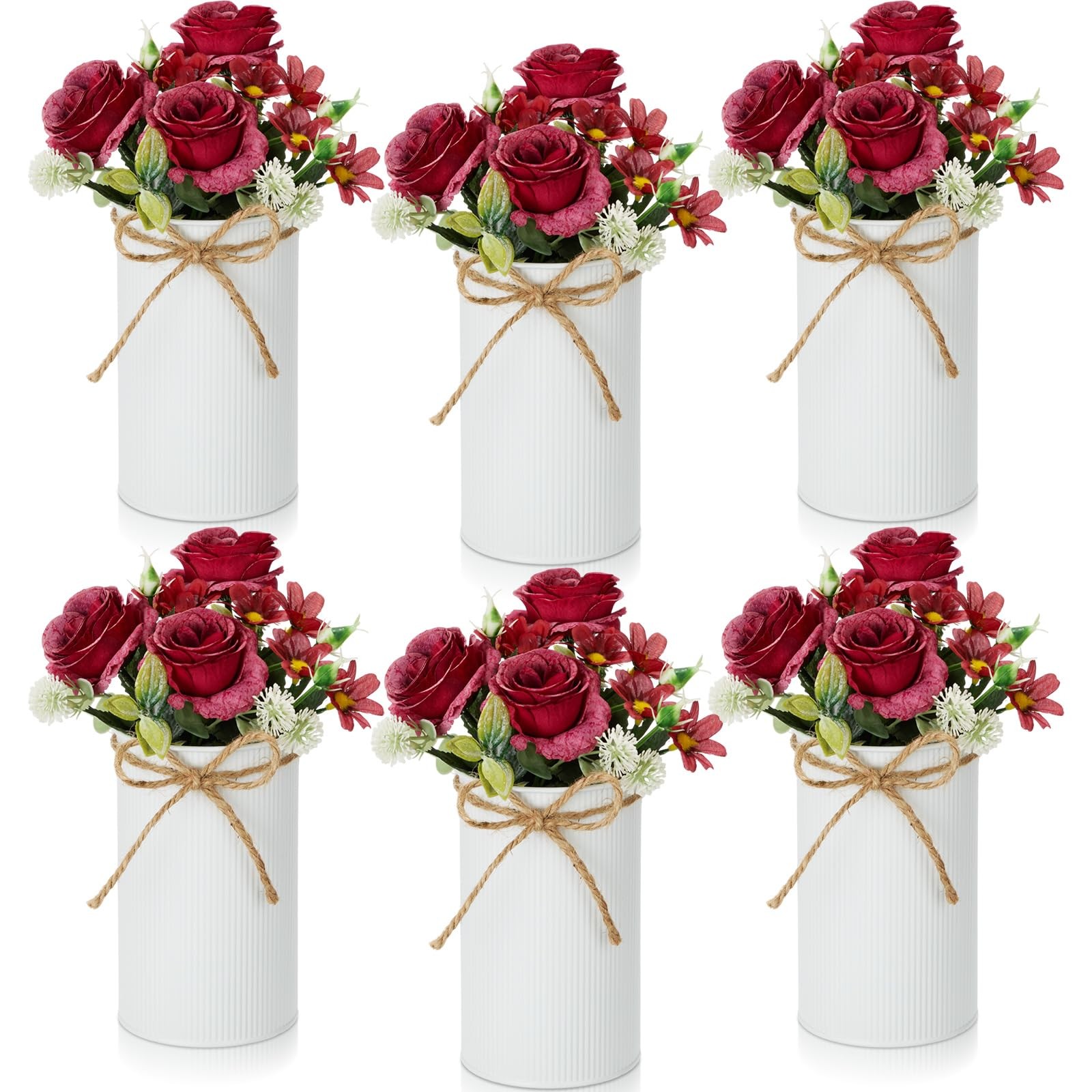 6 Sets Red Artificial Fake Rose Flower Metal Vase Wedding Centerpiece Floral