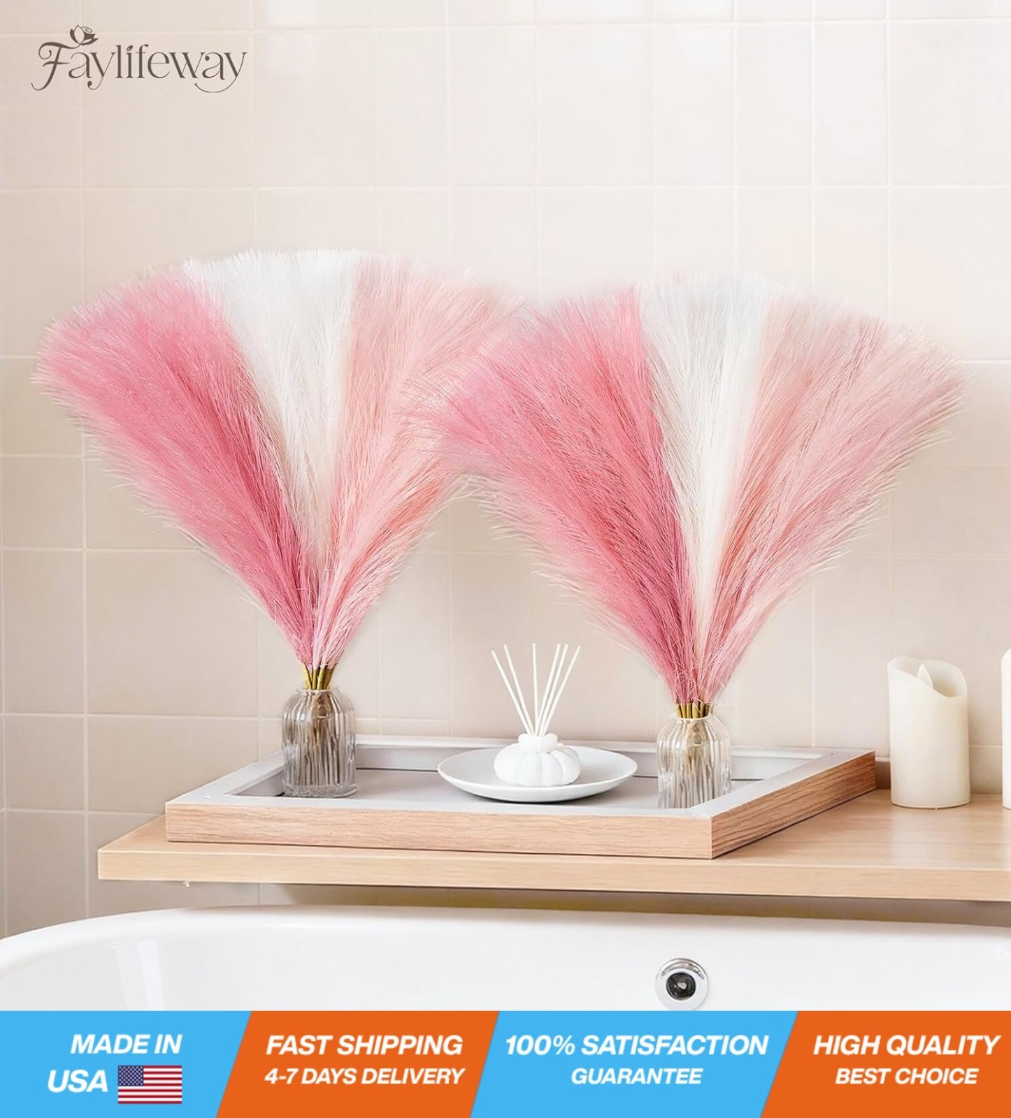 50pcs Artificial Pampas Grass Decor – 17″ Fluffy Blush & Cream Faux Stems
