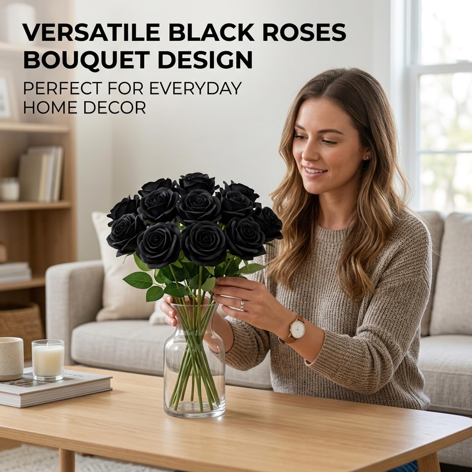 11 Pcs Black Roses Artificial Flowers, Black Roses Bouquet with Stems for Hom…