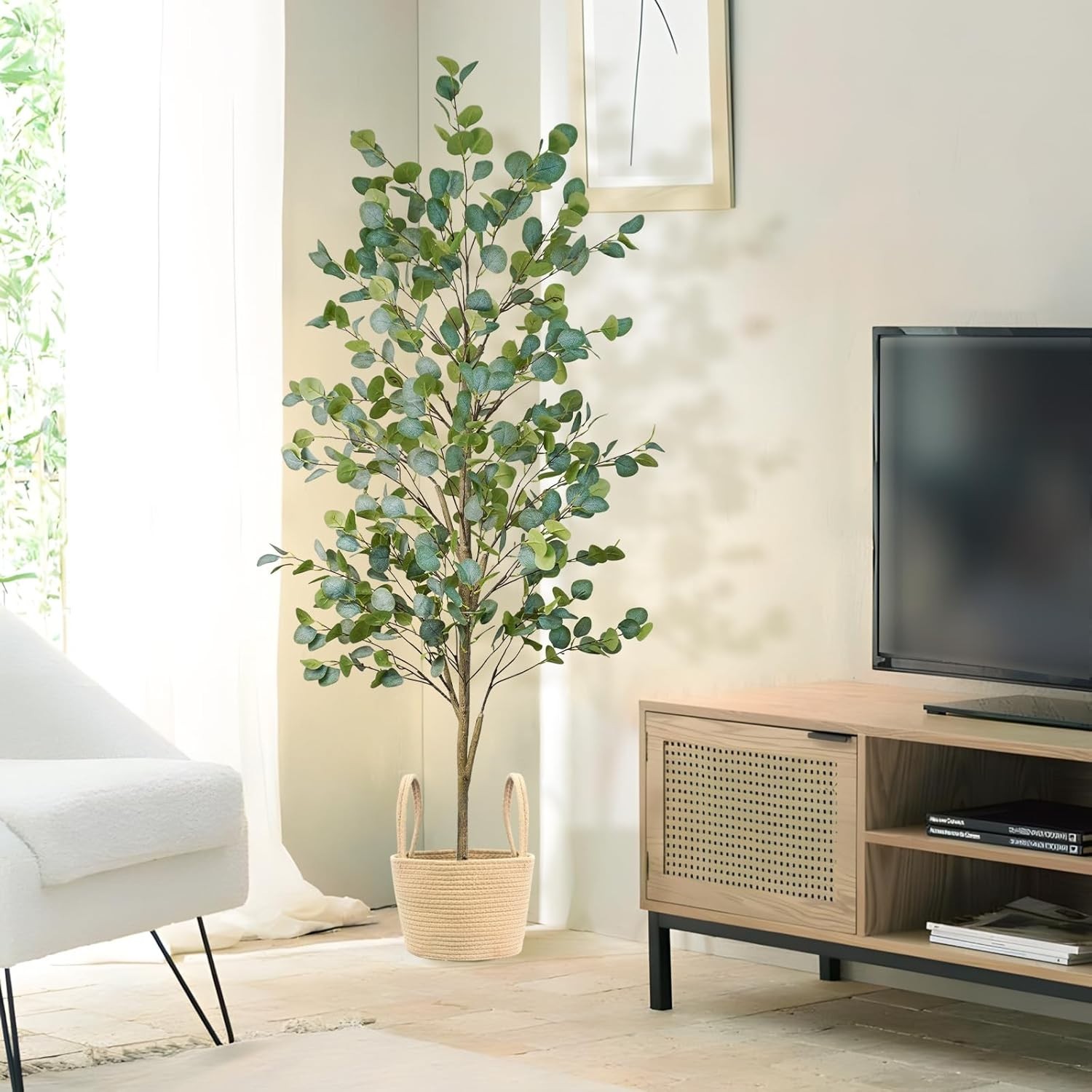 Versatile 6FT Faux Eucalyptus Tree for Home Office – Easy Assembly & Storage