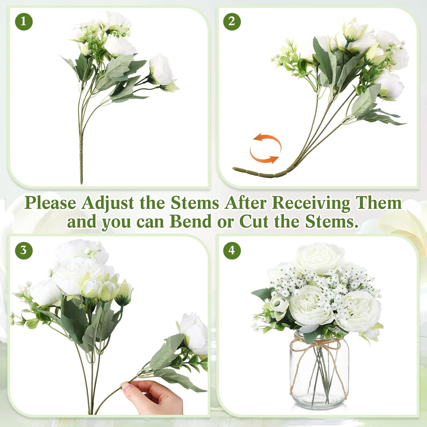 12 Sets Mason Jar Centerpiece Table Decorations Artificial Peony Baby’s Breath