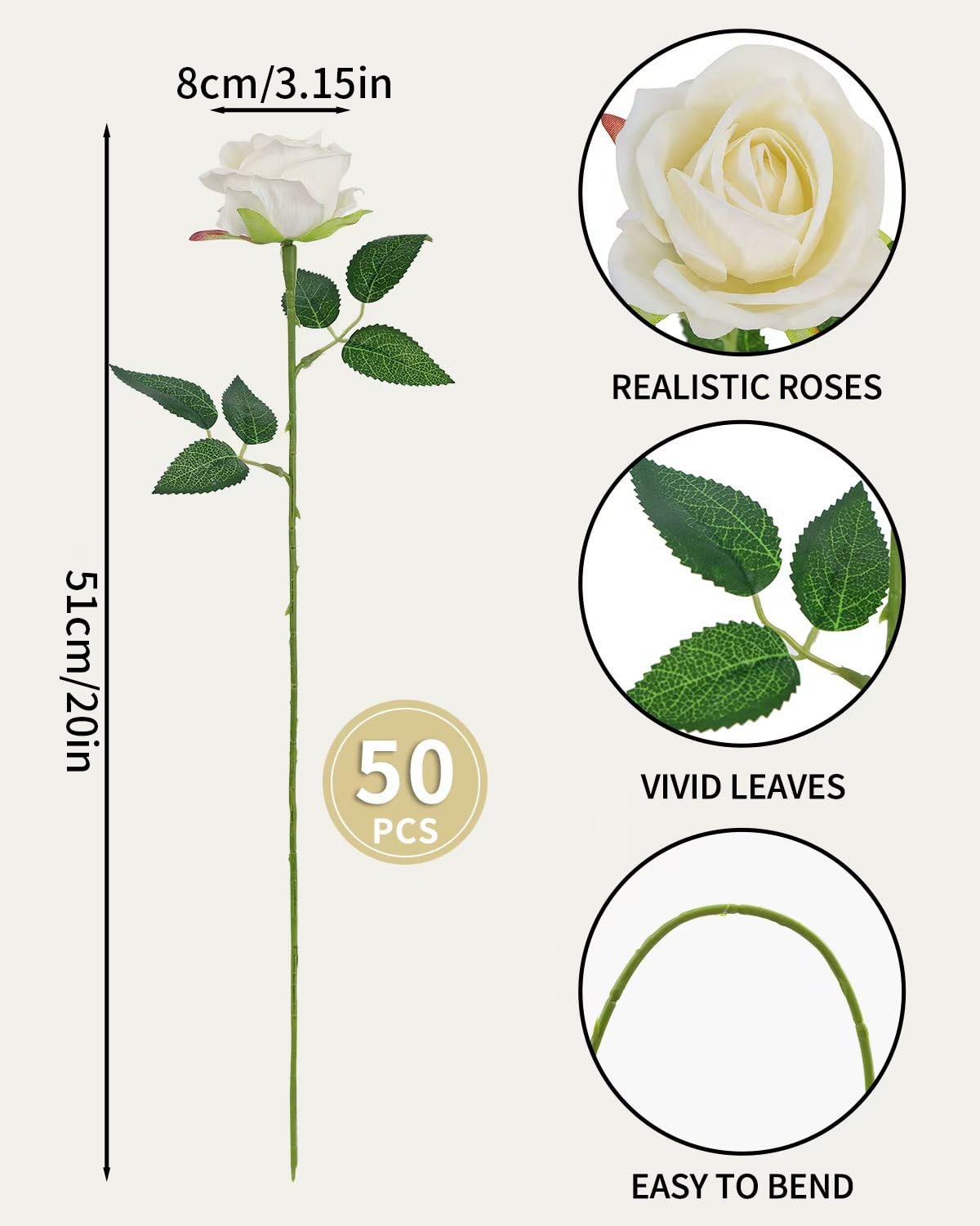 White Roses Artificial Flowers in Bulk, 50Pcs Premium Velvet Fake Roses with …