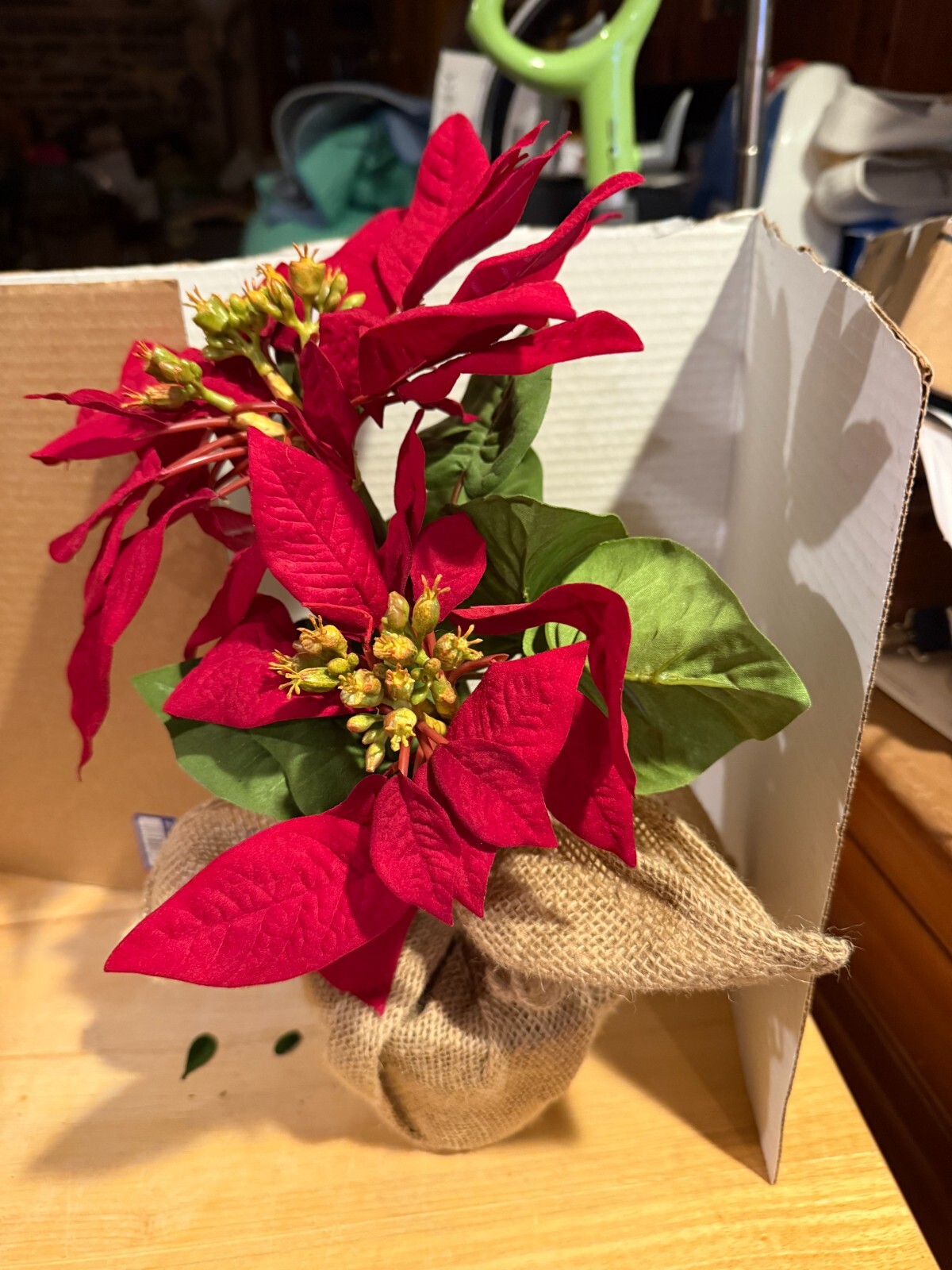 Lot Of 2 Poinsettias In Pot Artificial Floral Holiday Decor Decoration BURLAP BO
